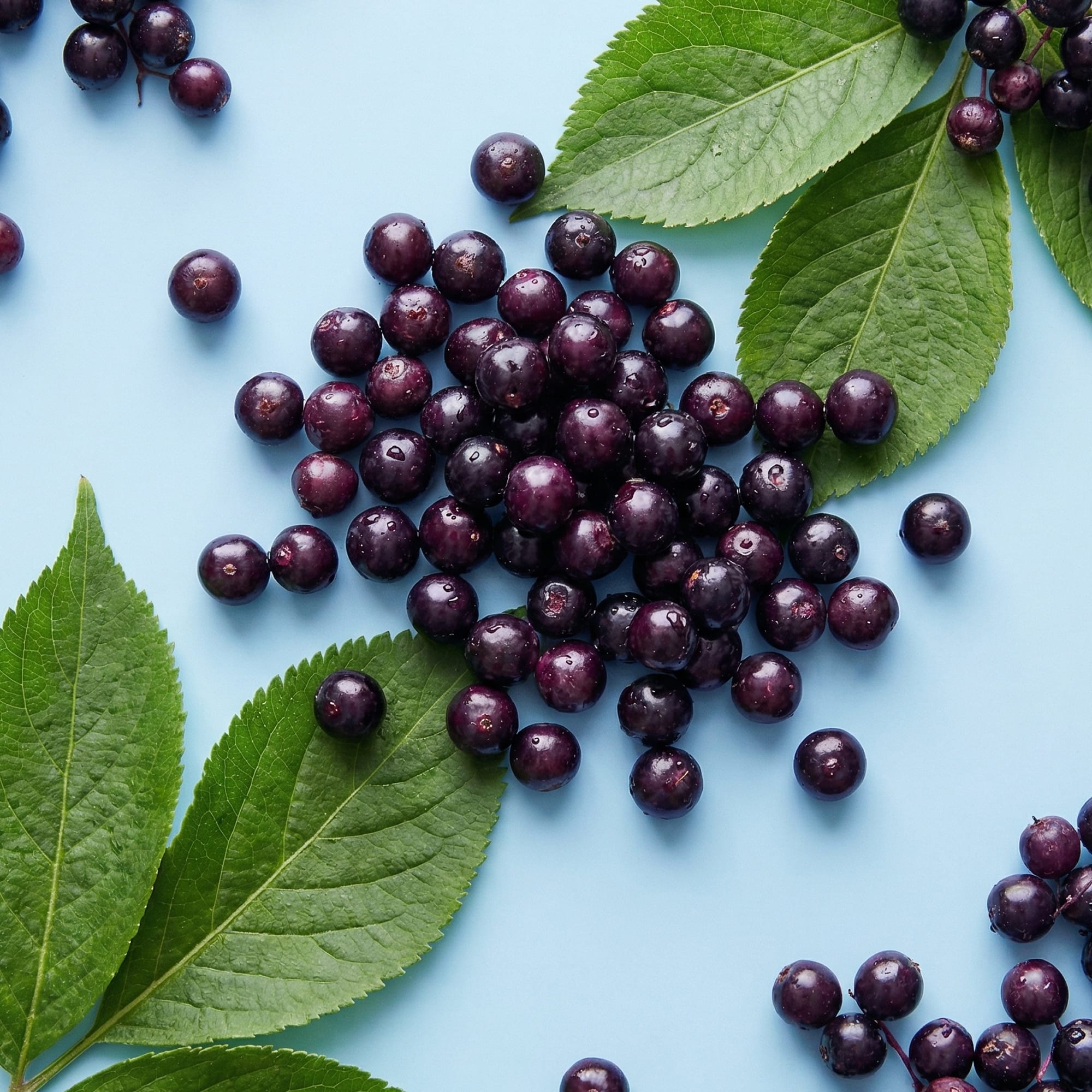 Fresh elderberries with green leaves arranged on soft blue background