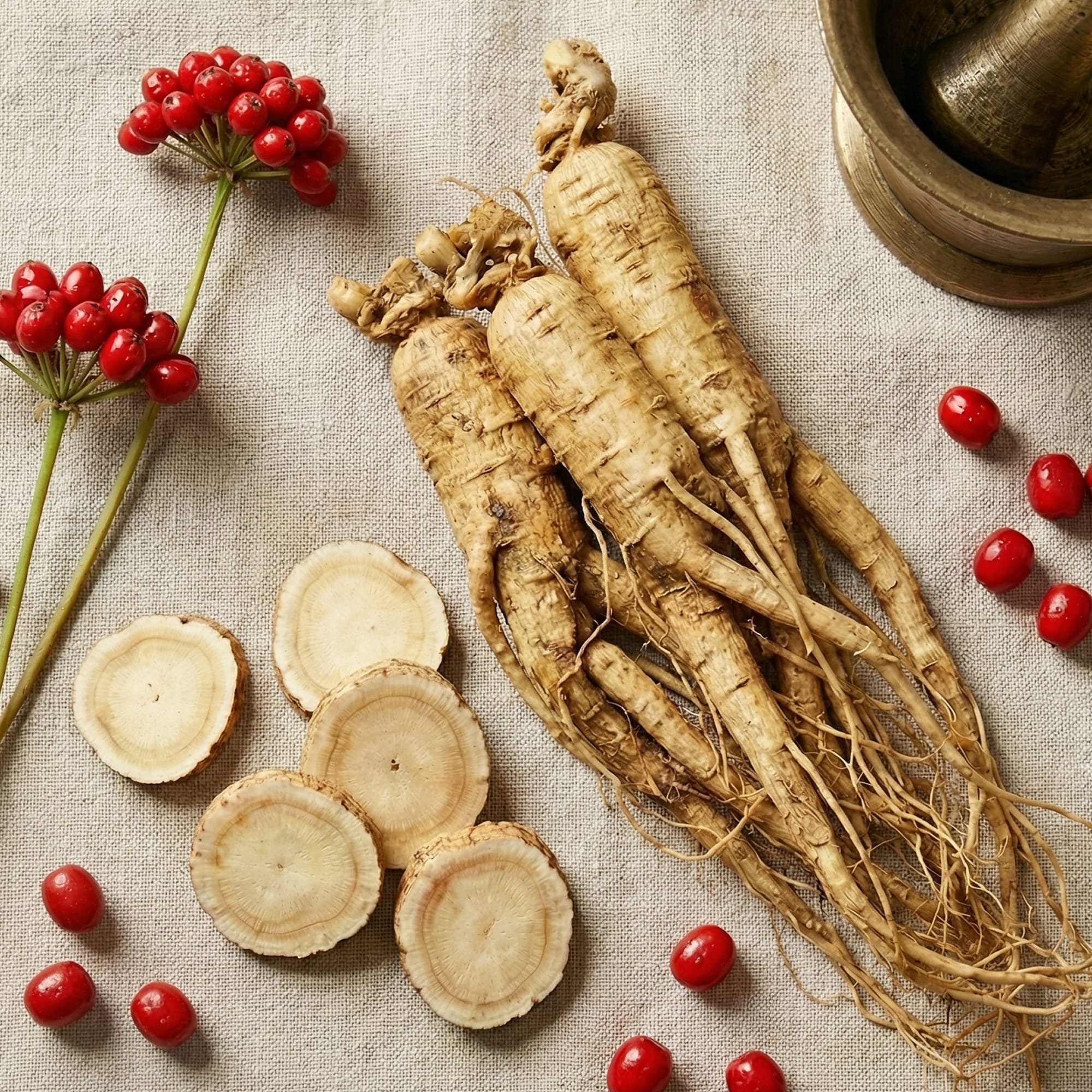 Fresh panax ginseng roots with sliced ginseng and red berries on natural linen background