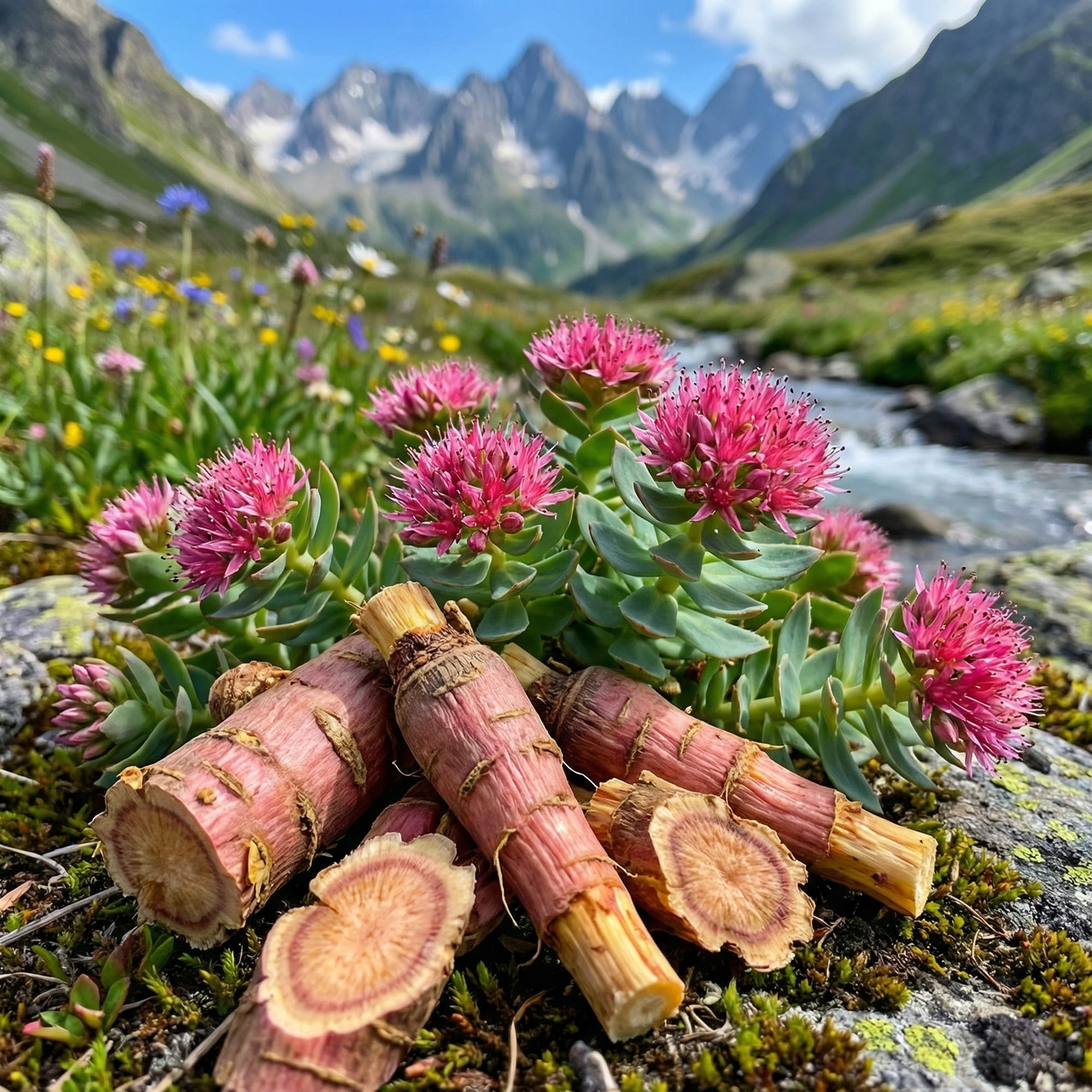 Rhodiola rosea roots and pink alpine flowers in mountain landscape beside flowing stream