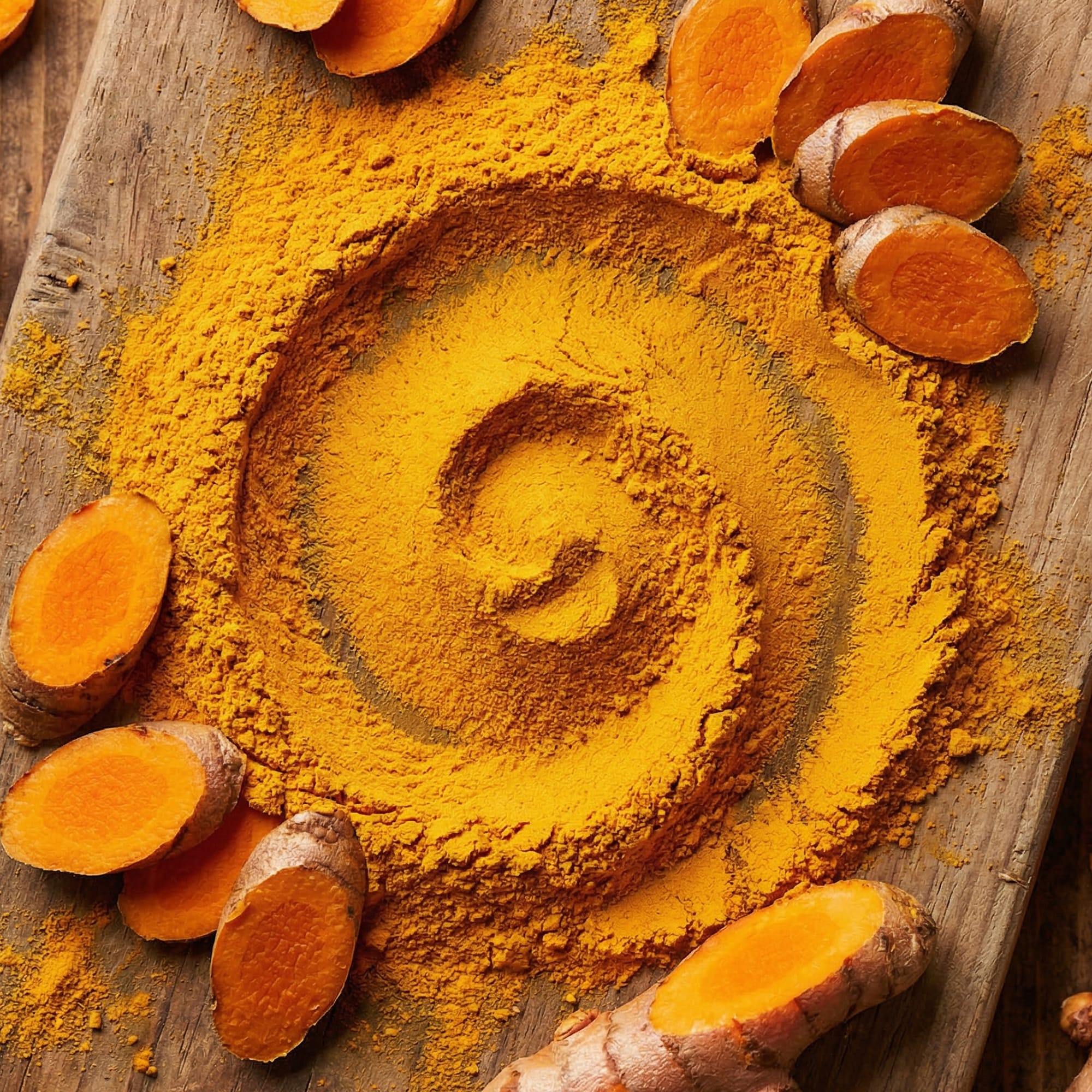 Turmeric powder spiral with fresh turmeric roots on rustic wooden surface