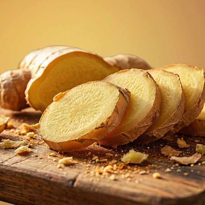 Fresh sliced ginger root on rustic wooden board with warm natural lighting