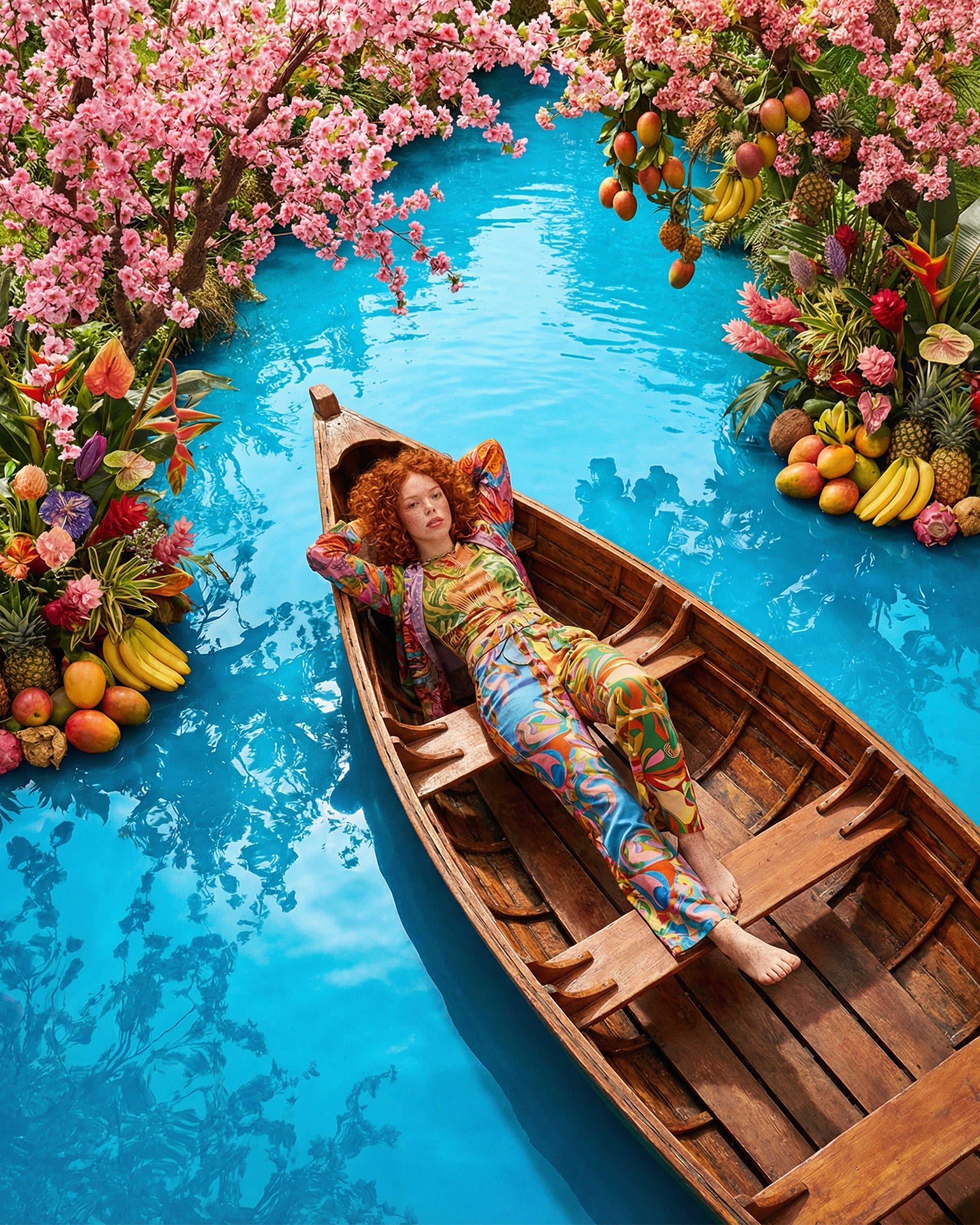 Woman relaxing in wooden boat on bright blue tropical river surrounded by blossoms and exotic fruits