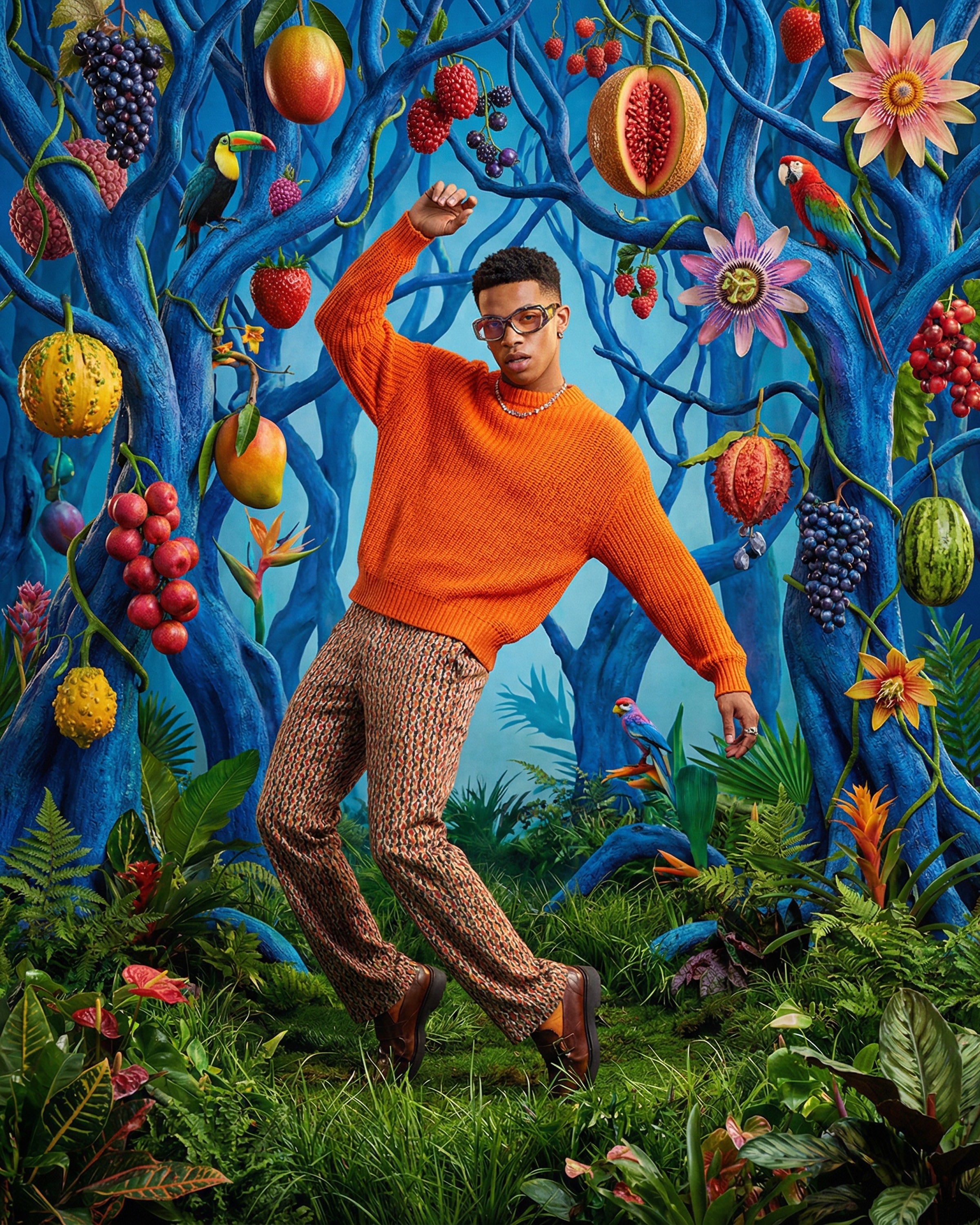 Man in bright orange sweater posing in surreal tropical forest with exotic fruits and colorful flowers