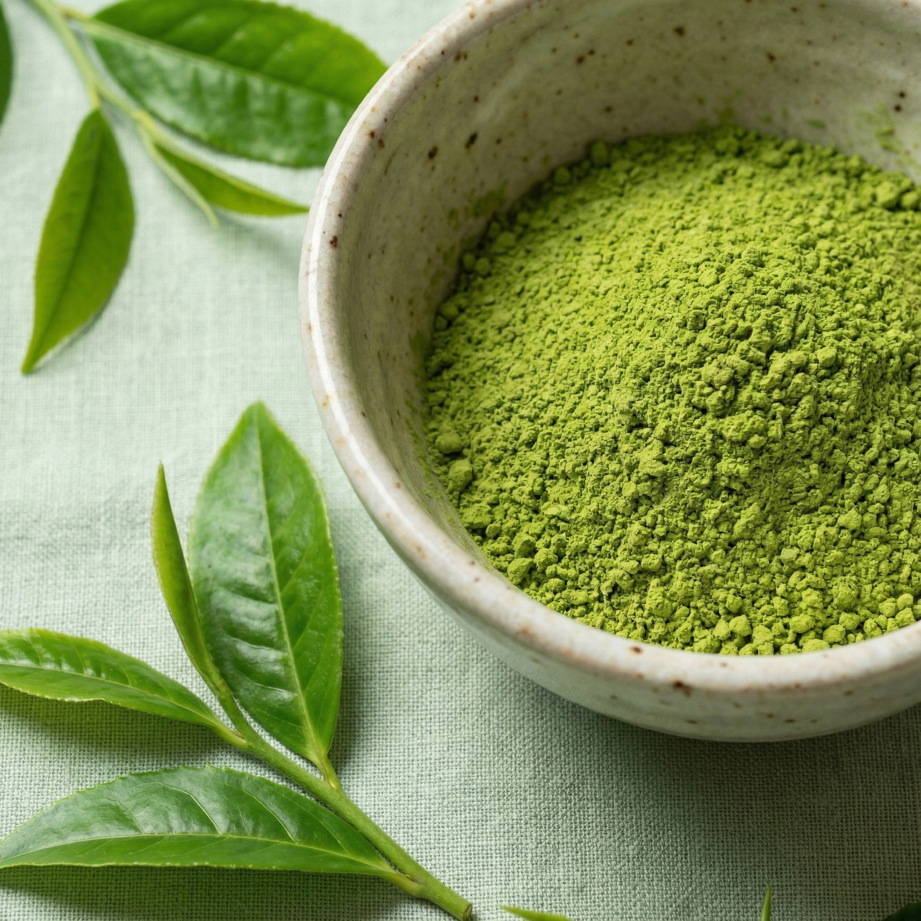 Fine green tea powder in ceramic bowl with fresh tea leaves on soft natural fabric
