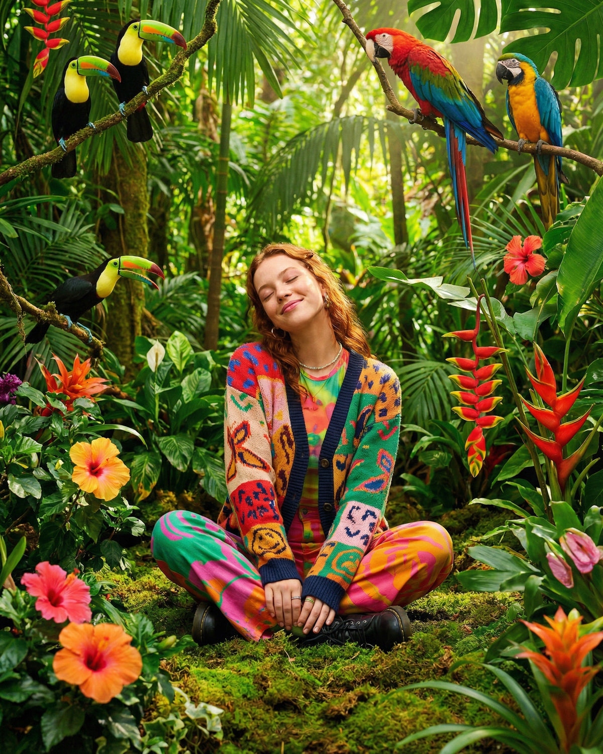 Woman in colorful outfit sitting in tropical jungle surrounded by parrots, toucans, and vibrant flowers