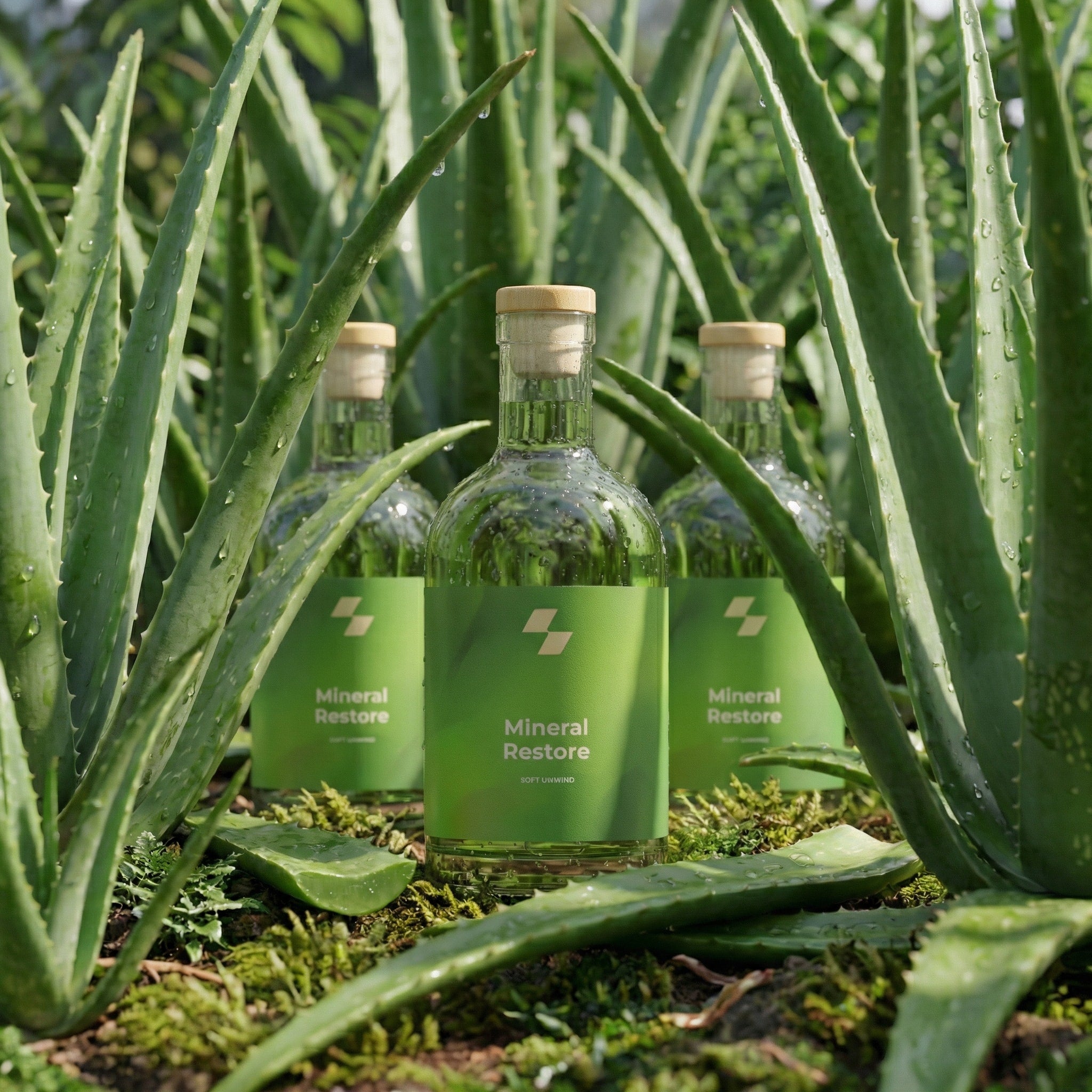 Mineral Restore wellness bottles surrounded by fresh aloe vera plants in natural botanical setting