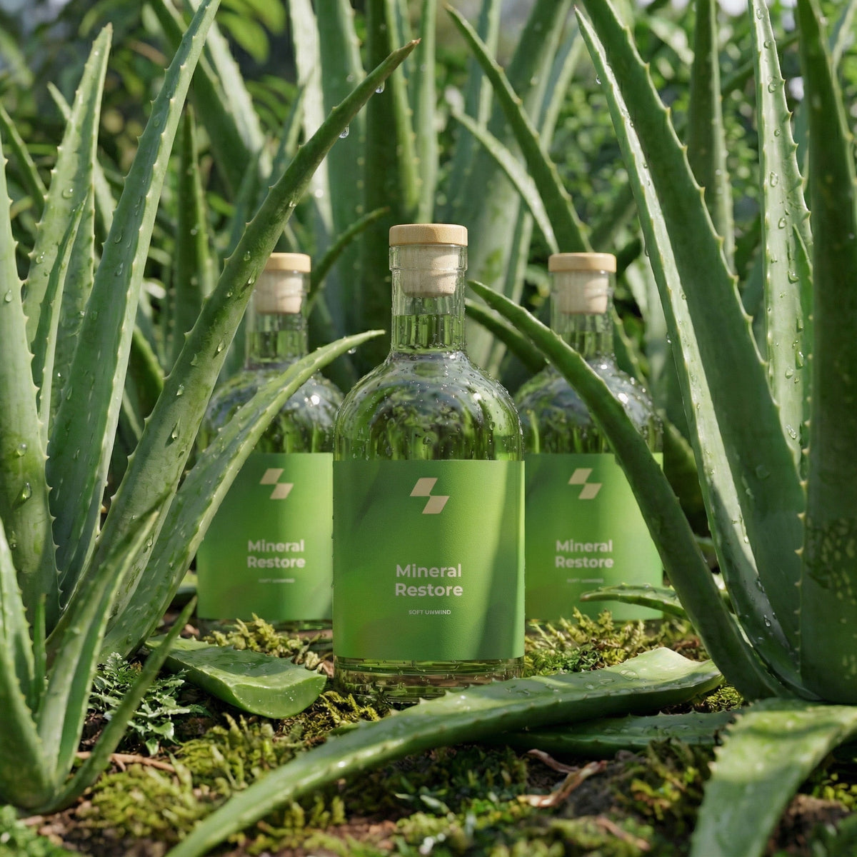 Mineral Restore wellness bottles surrounded by fresh aloe vera plants in natural botanical setting