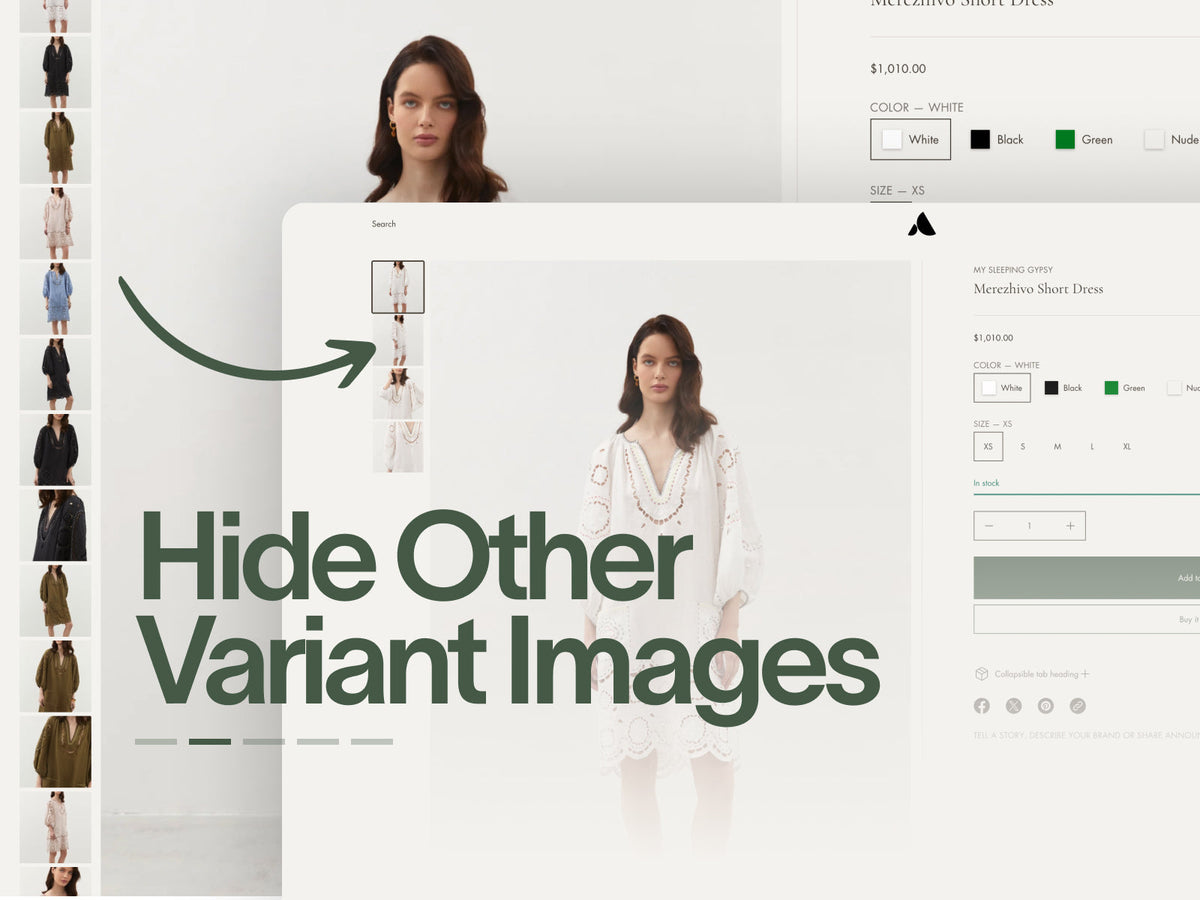 Product selection interface with a model wearing a dress, showing color options and variant images.