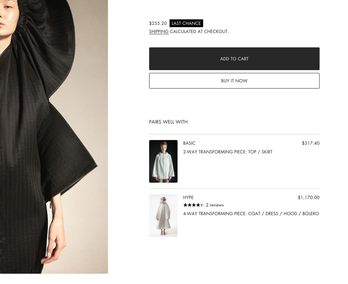 Product page with a black garment and pricing information on a white background
