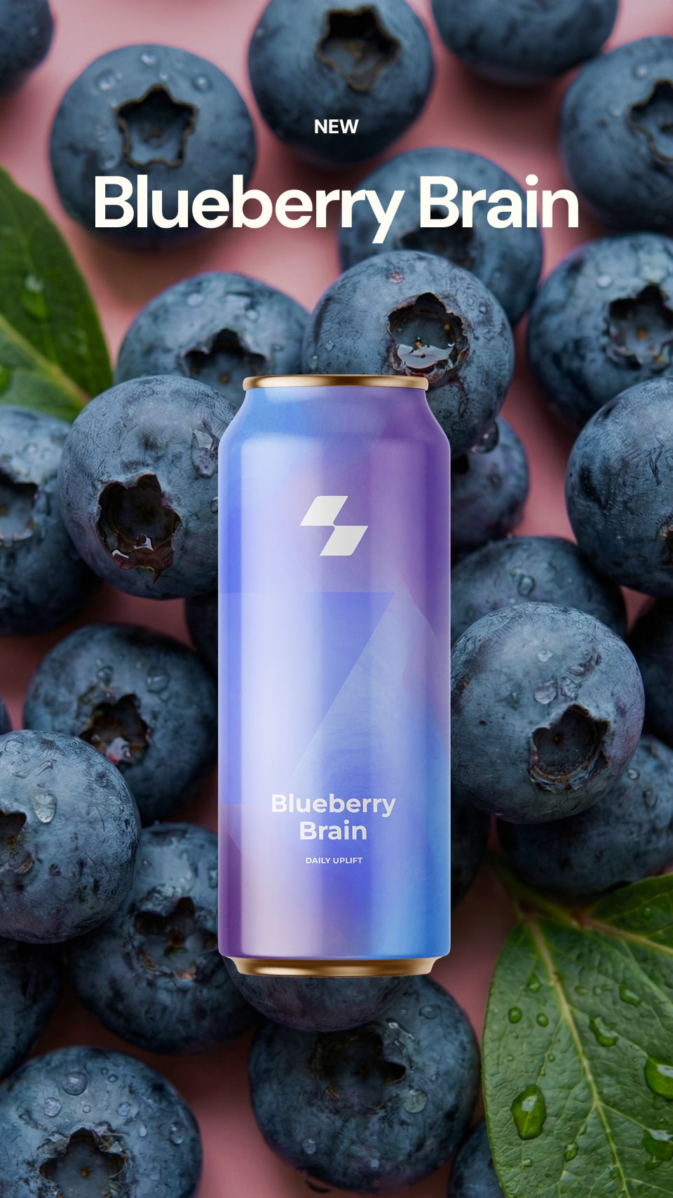 Blueberry Brain energy drink can surrounded by blueberries on a pink background