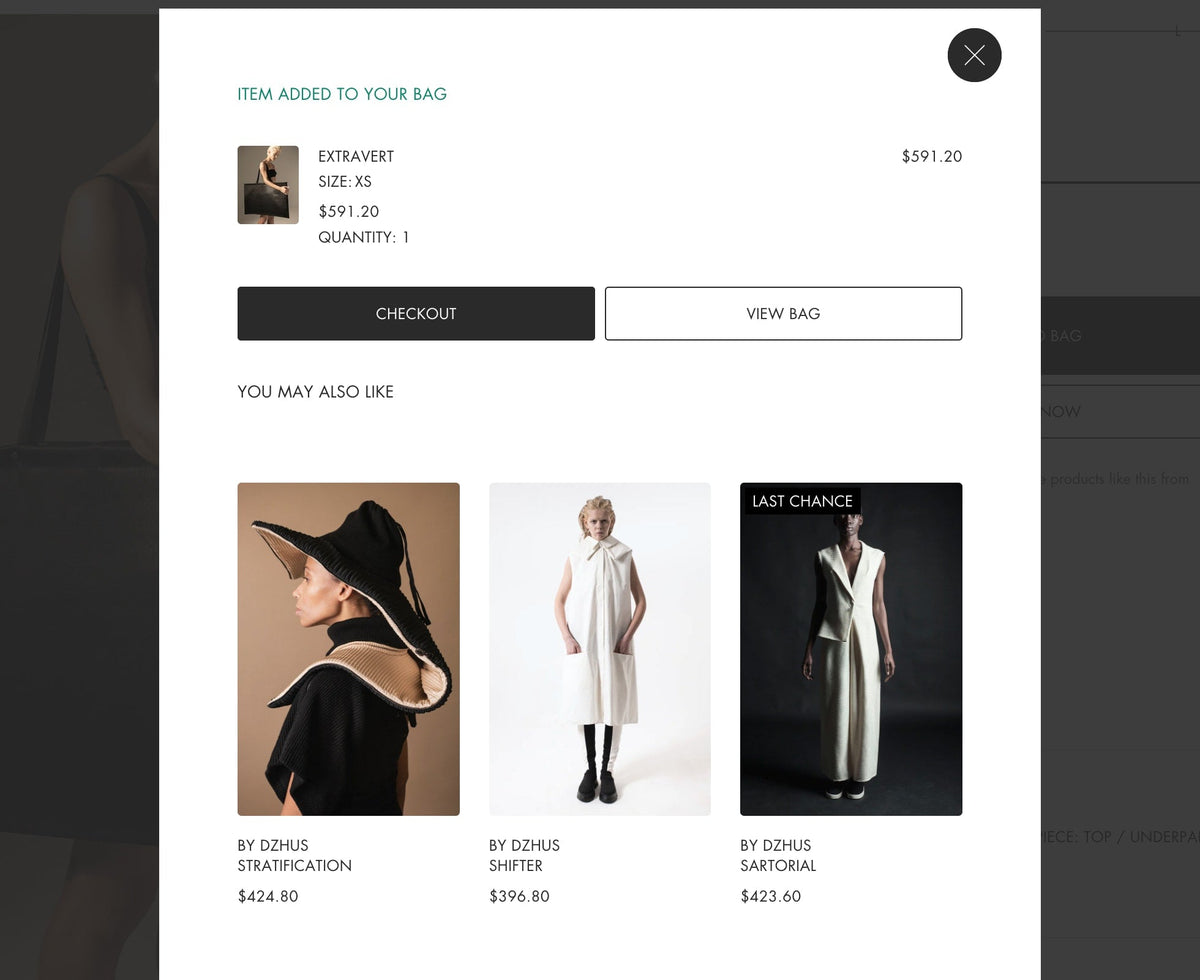 Online shopping cart confirmation page with item added to bag and similar product suggestions.