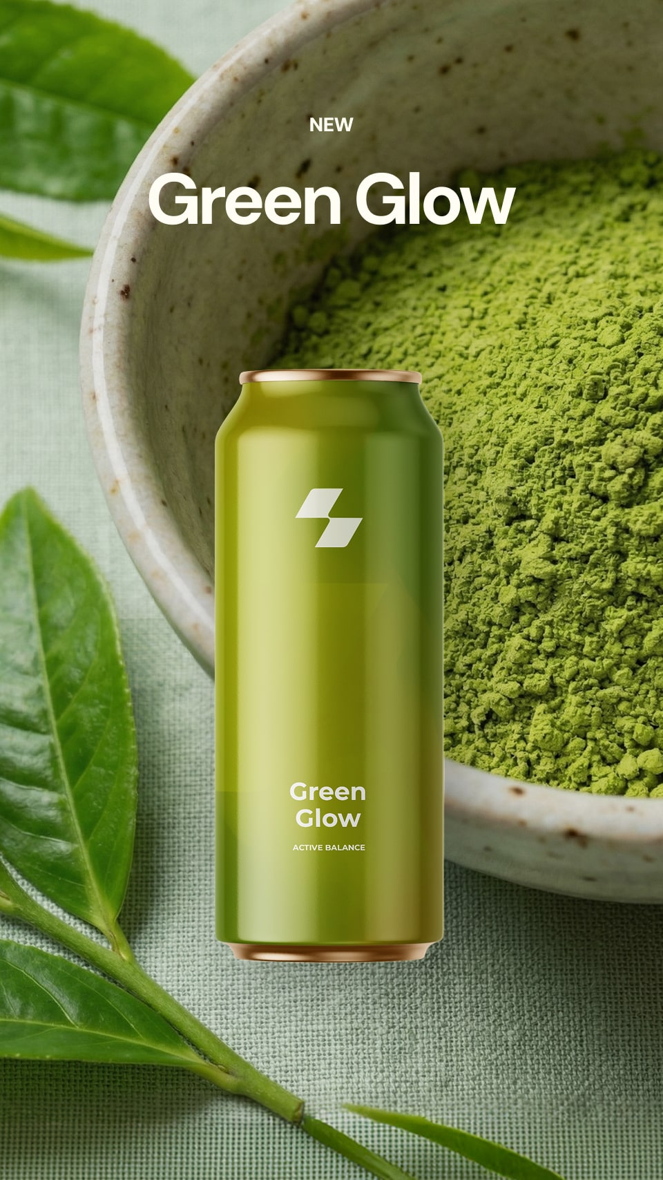 Green Glow can with a bowl of green powder and leaves on a light green background