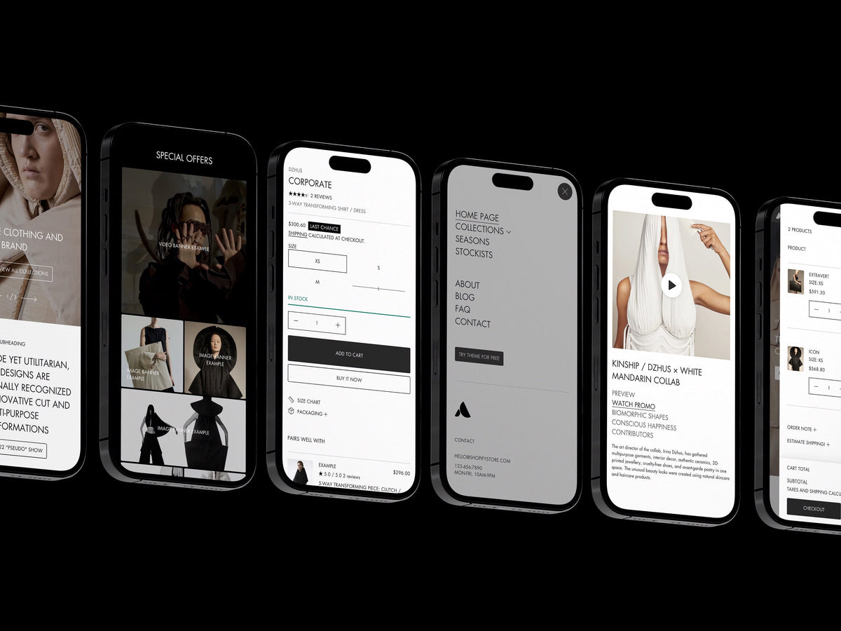Minimal fashion Shopify mobile theme preview on smartphones