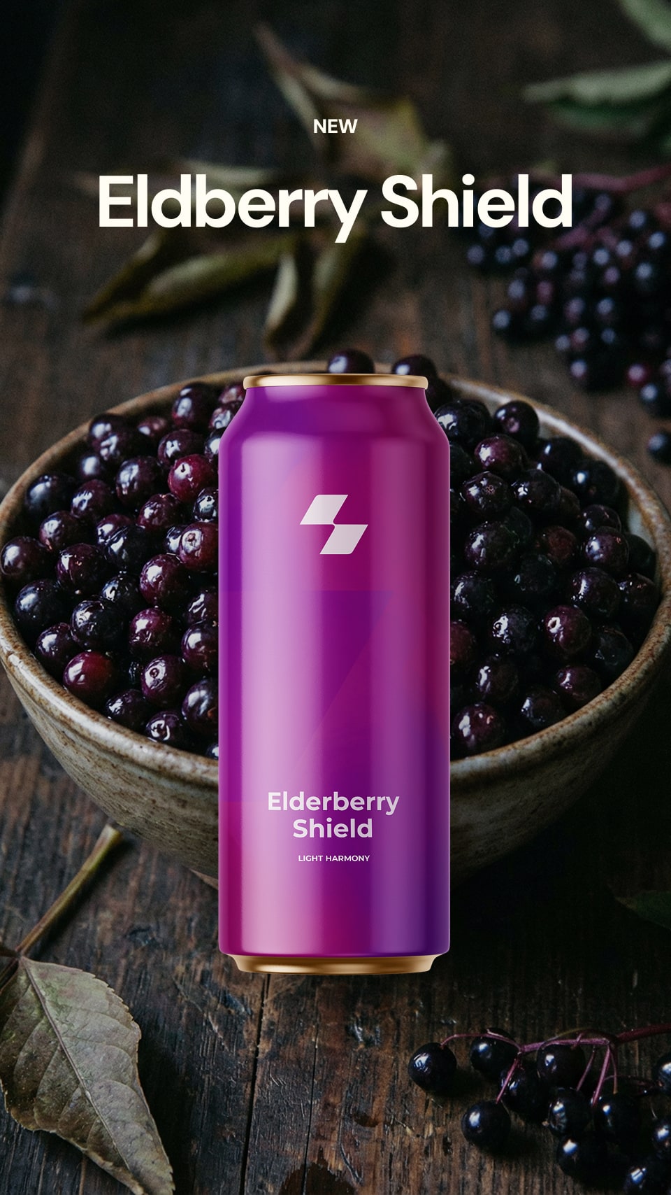 Purple can of Eldberry Shield with elderberries on a wooden surface