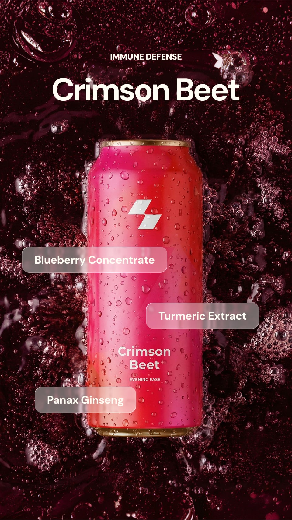 Crimson Beet drink can with ingredients listed on a dark background