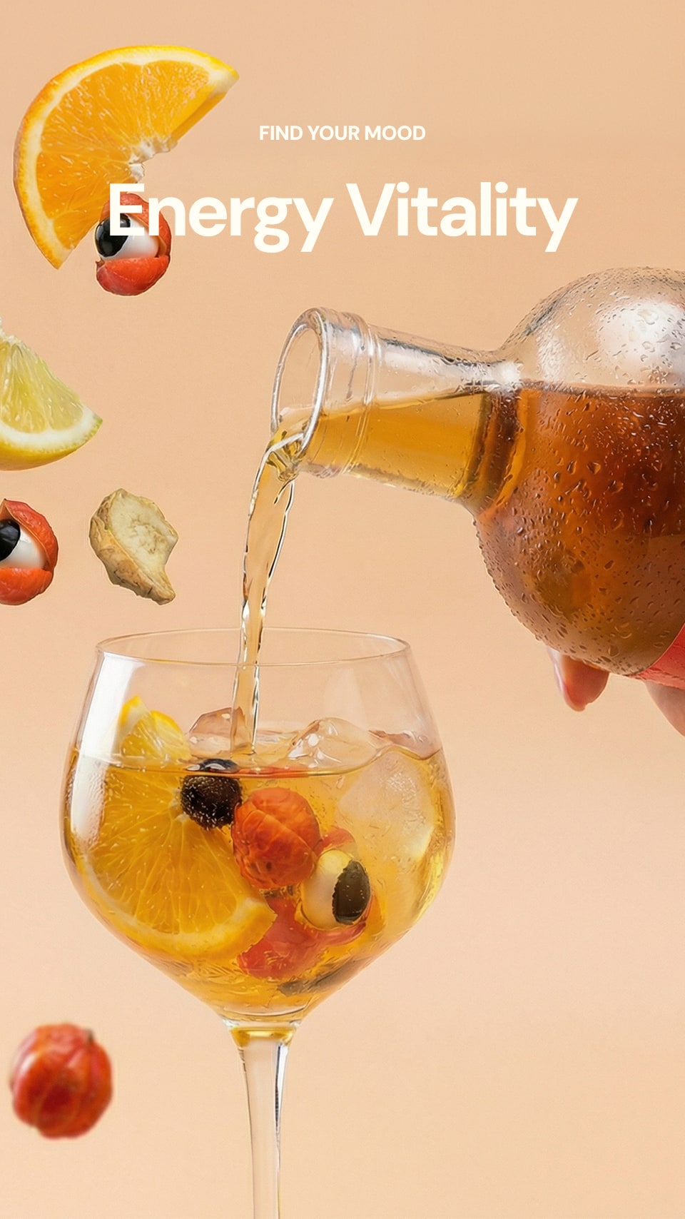 Glass of fruit-infused drink with oranges, lemons, and berries being poured onto a beige background.