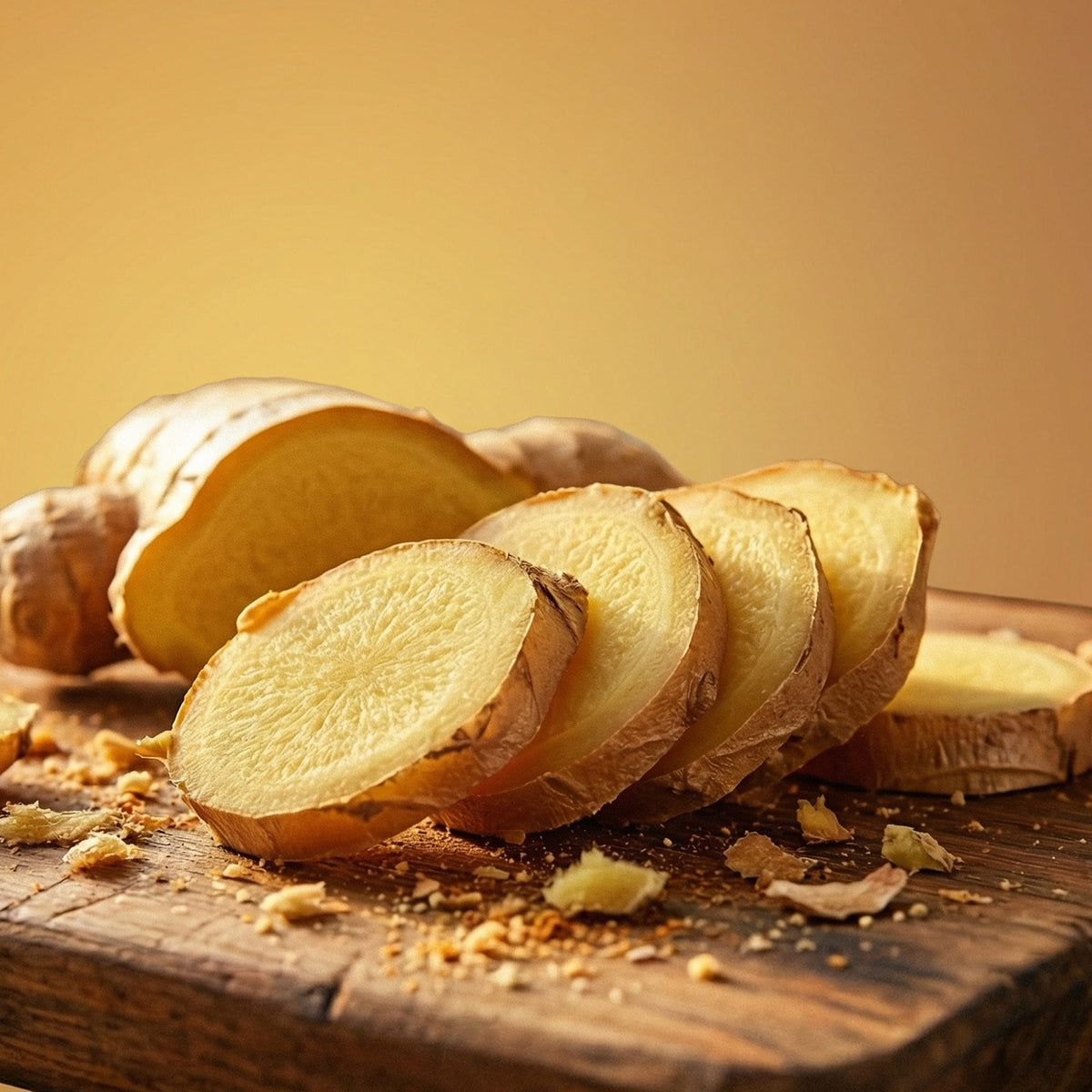 Sliced ginger on a wooden surface with a warm background