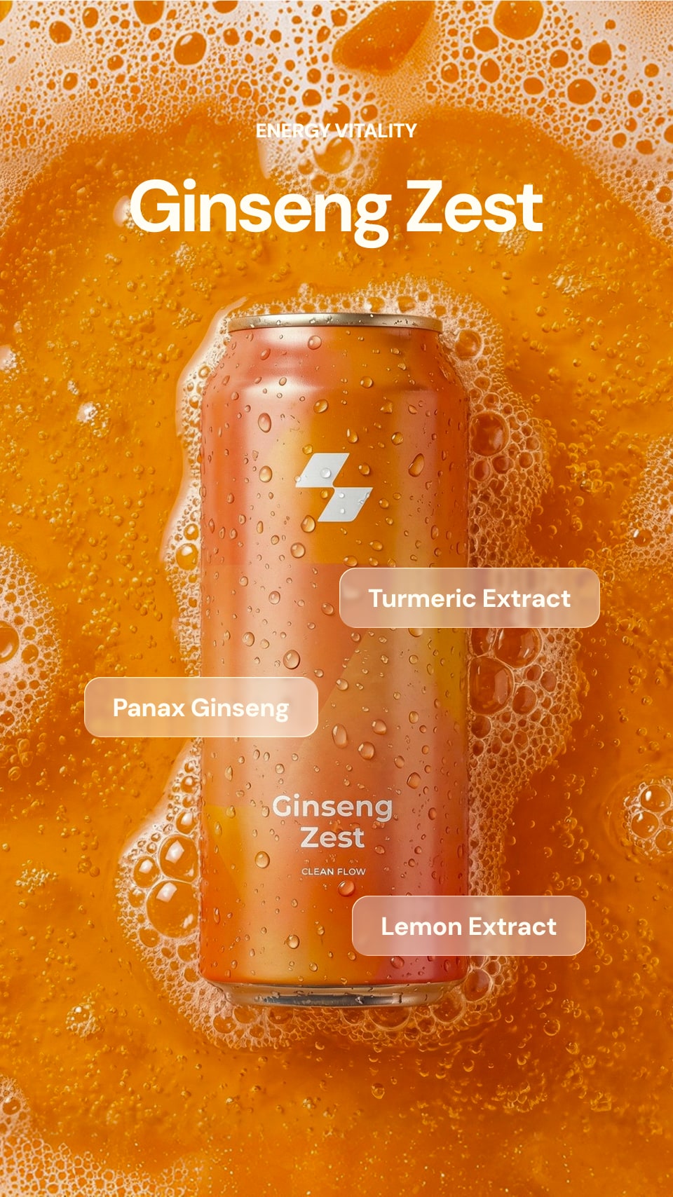 Ginseng Zest can with ingredients listed on an orange background