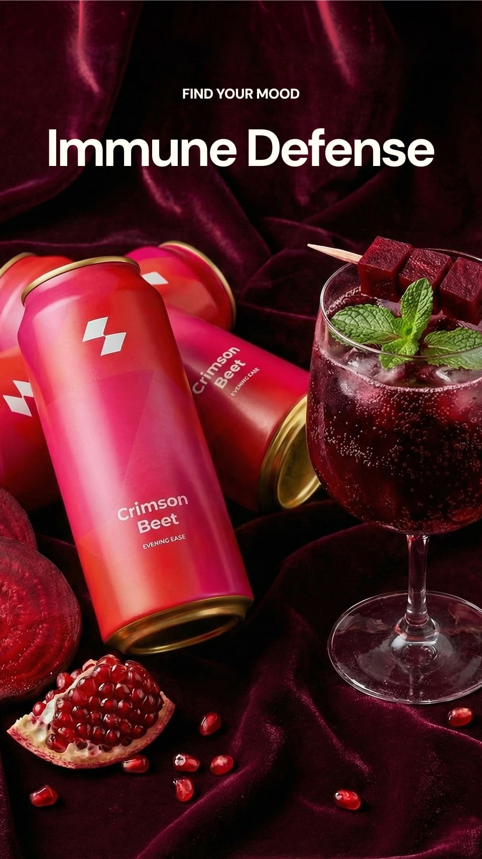 Red cans labeled 'Immune Defense' with a glass of red juice and pomegranate on a dark background.