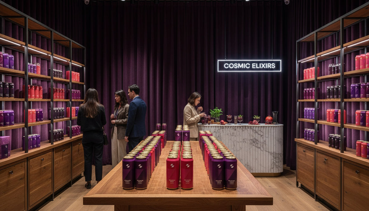 People browsing products in a store with 'Cosmic Elixirs' sign.