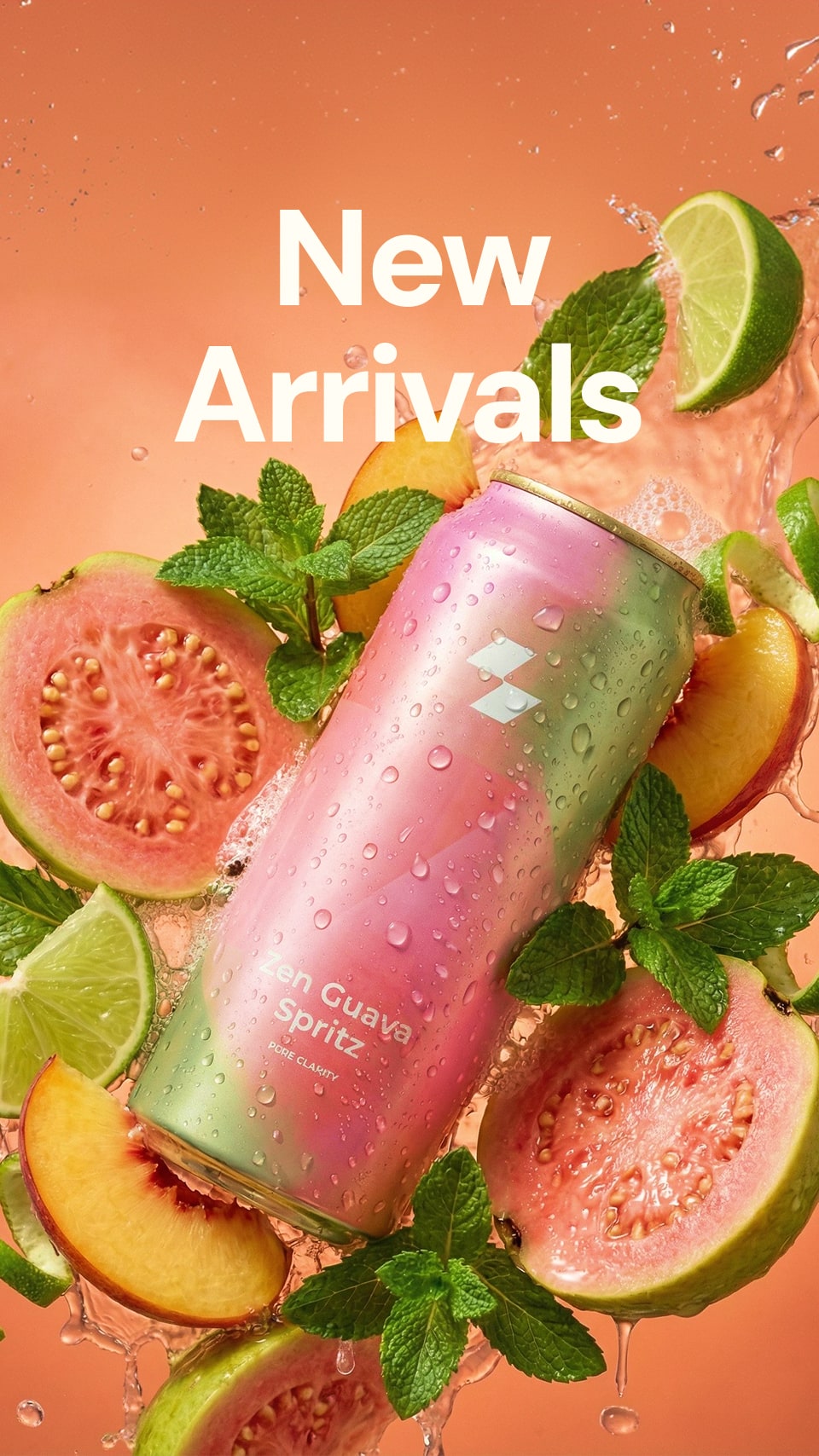 Pink can with guava and peach slices on a pink background
