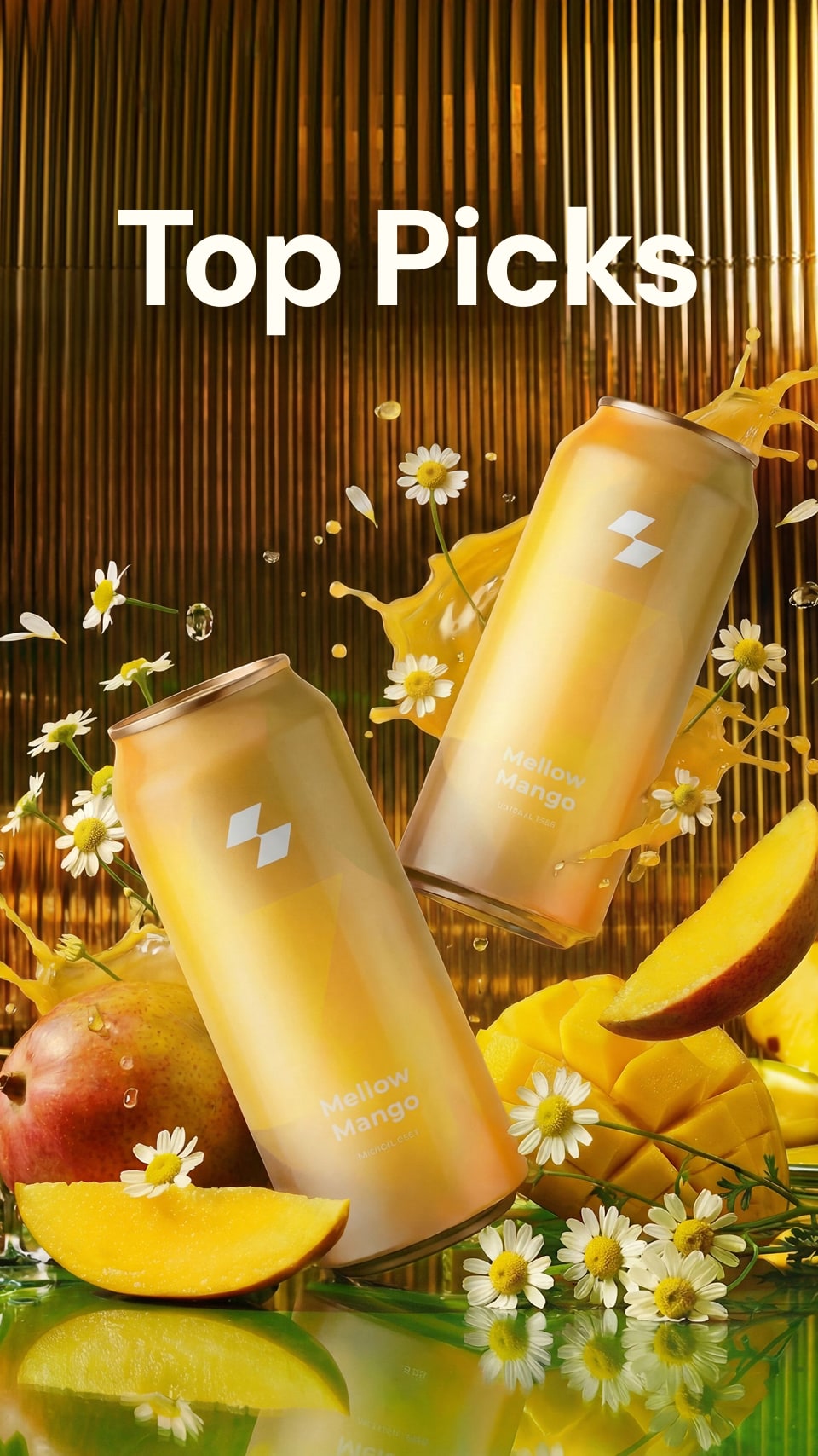 Two cans of a beverage with mangoes and flowers on a reflective surface, labeled 'Top Picks'.