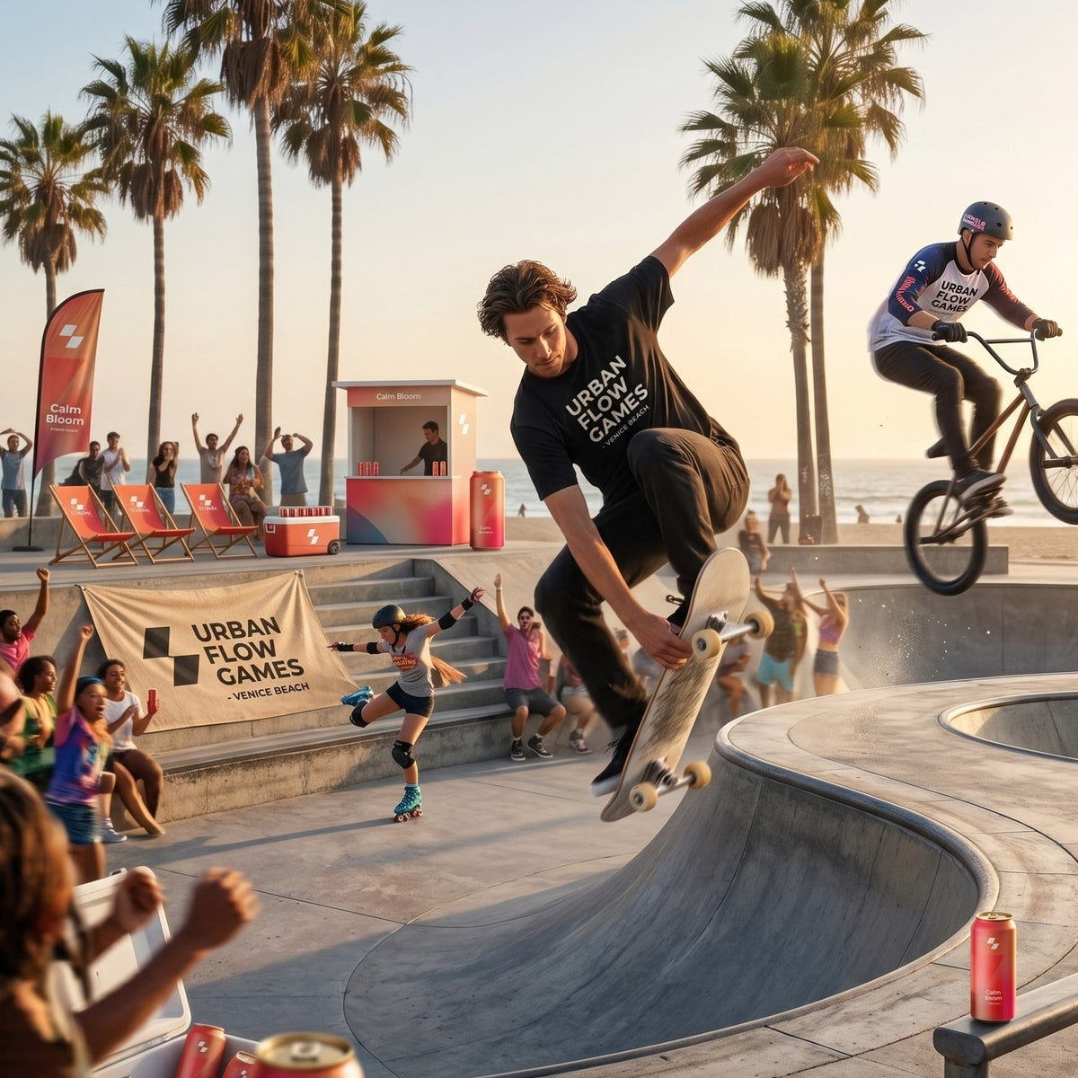 Skateboarder performing a trick at a skate park with palm trees and an audience in the background.