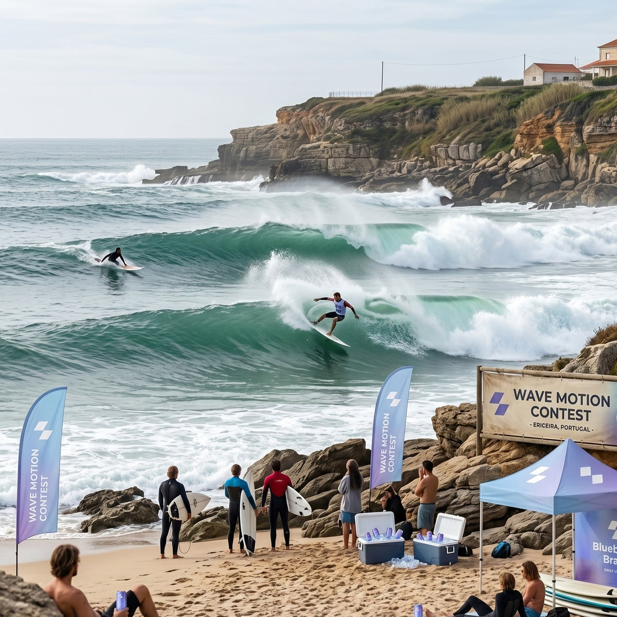 Surfers riding waves at a beach with spectators and event branding.
