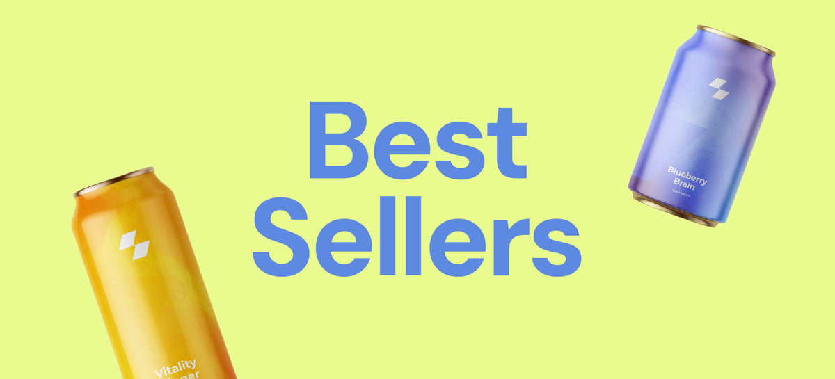 Two energy drink cans, one orange and one purple, on a light green background with 'Best Sellers' text.