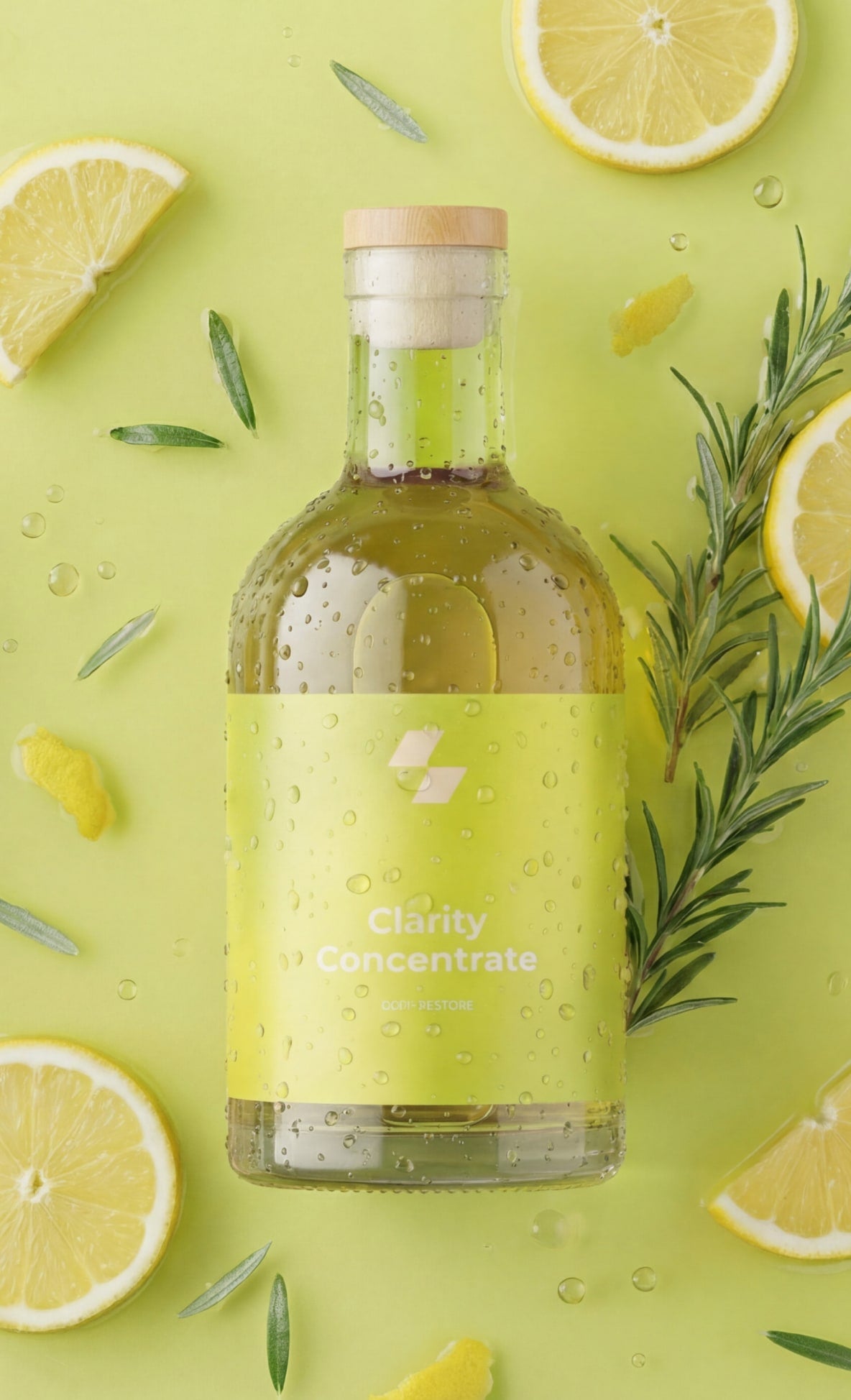 Bottle of 'Clarity Concentrate' with lemon slices and rosemary on a green background