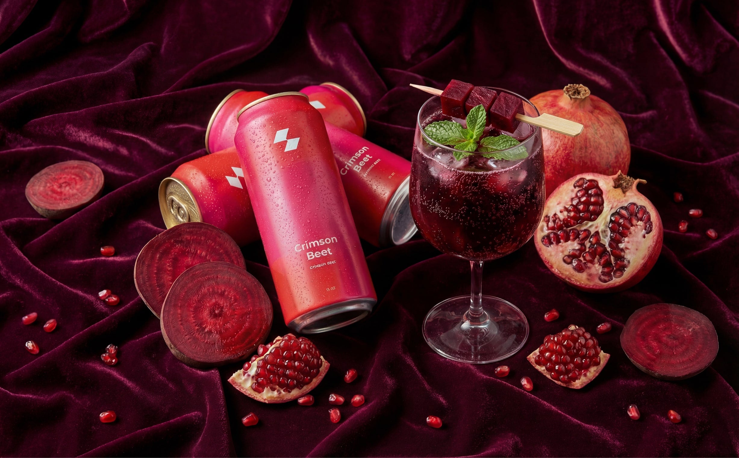 Crimson Beer cans with a glass of red beverage and pomegranate pieces on a dark purple fabric background.
