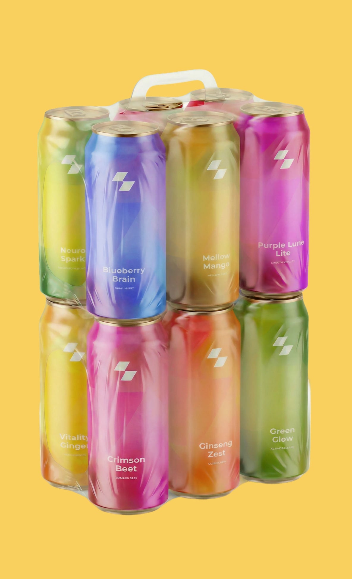 Assorted colorful energy drink cans on a yellow background