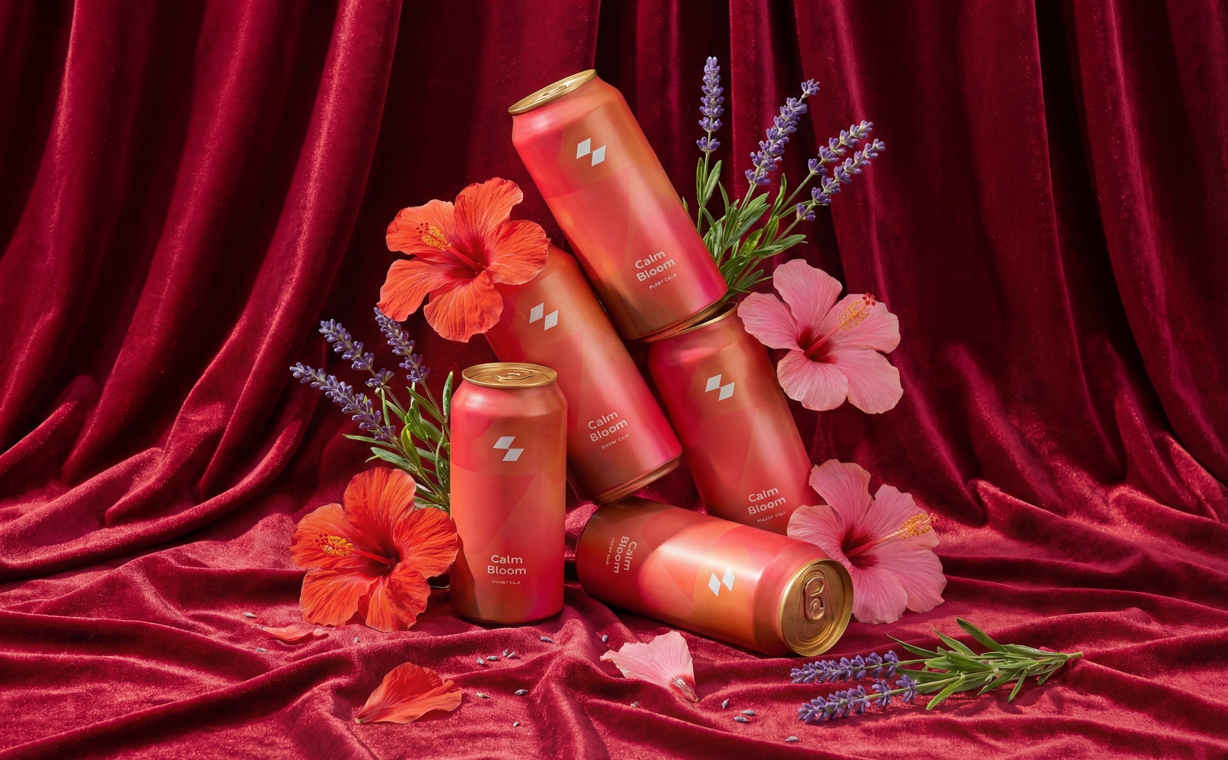 Red cans with floral arrangements on a red fabric background