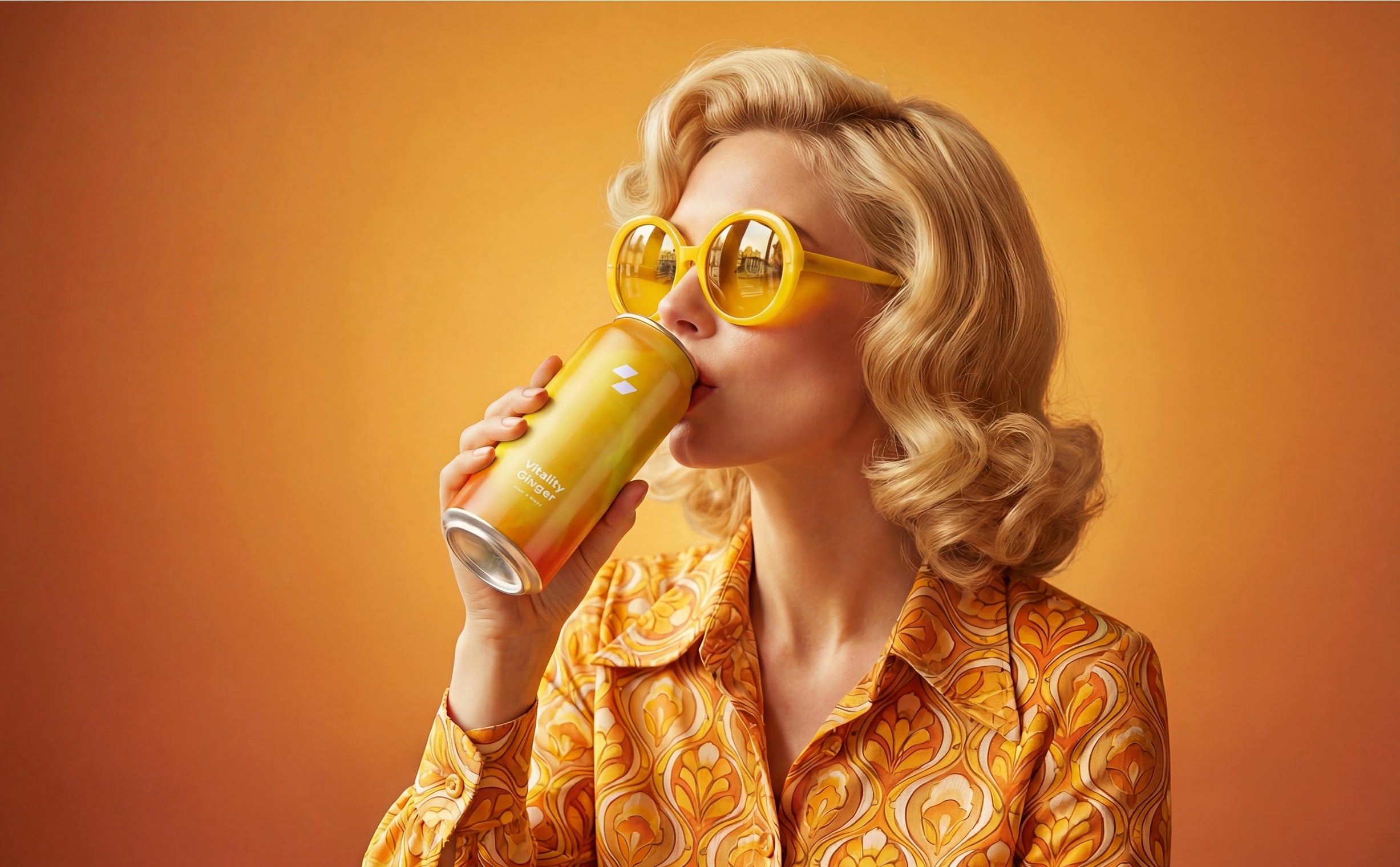 Woman in a patterned shirt and yellow sunglasses drinking from a yellow can against an orange background