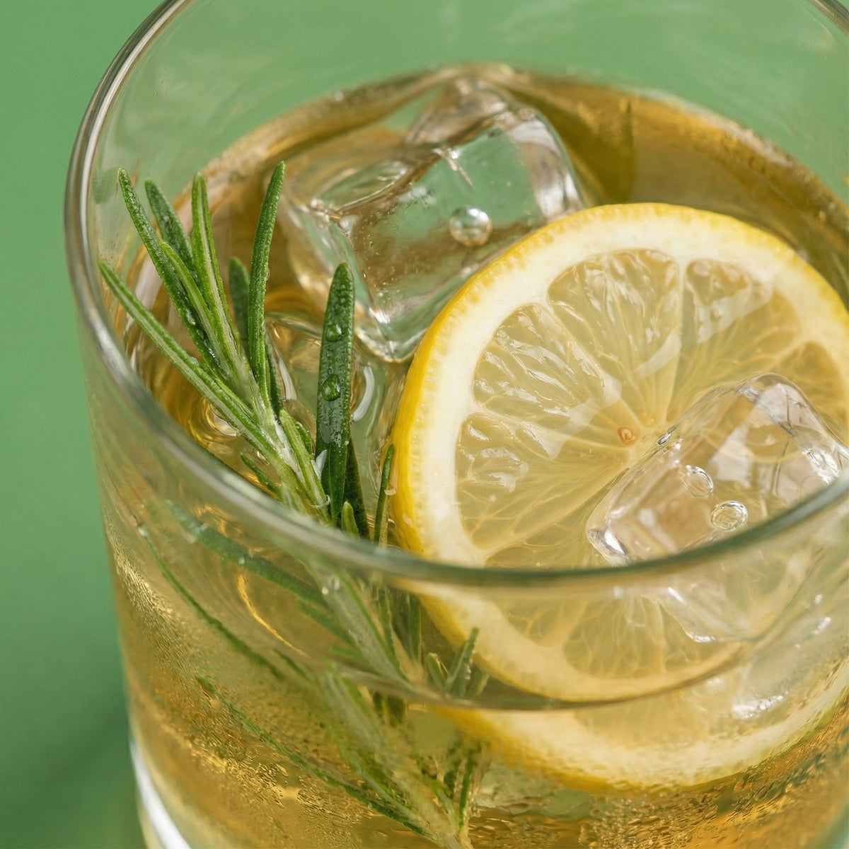 Glass of iced tea with lemon slices and rosemary on a green background