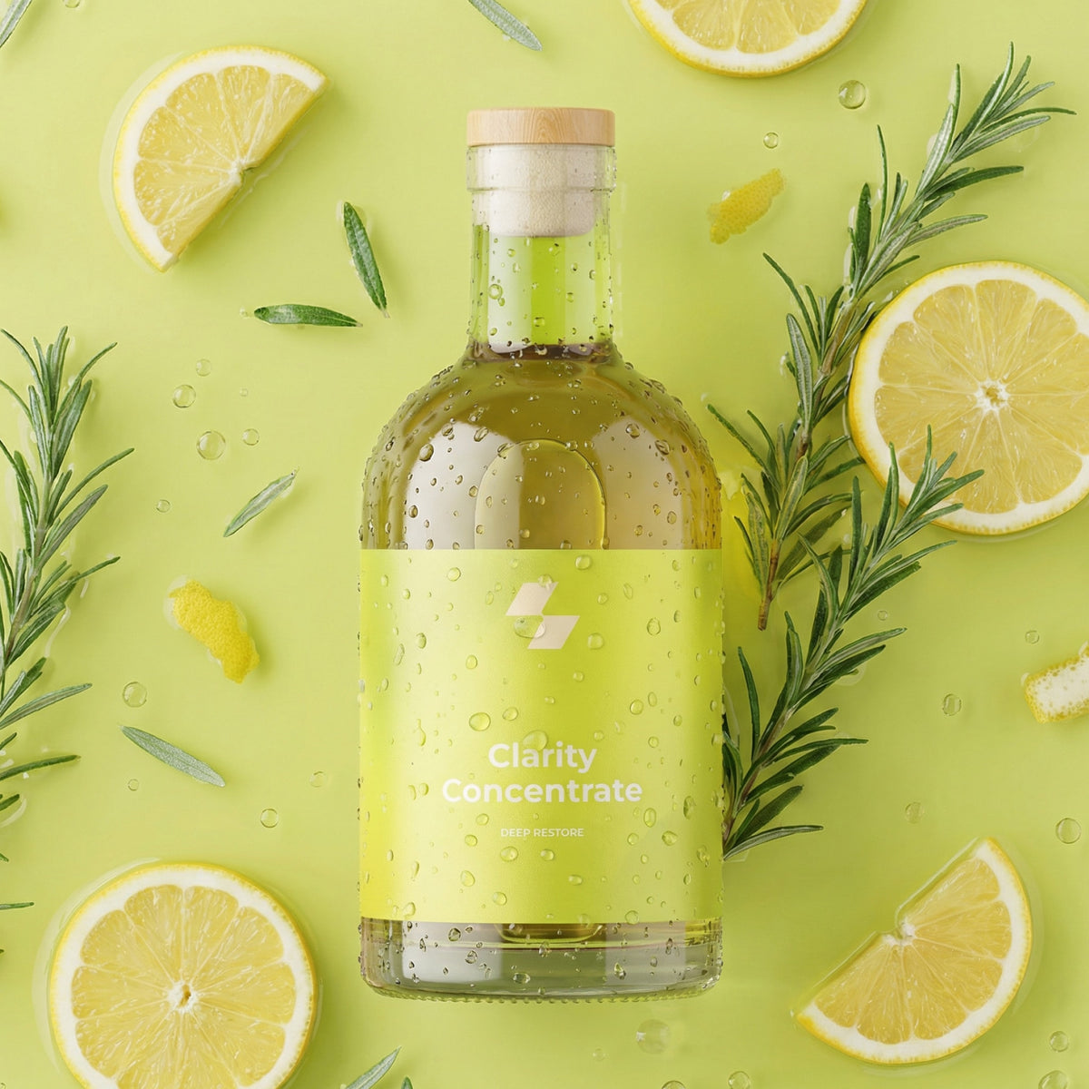 Bottle of 'Clarity Concentrate' with lemon slices and rosemary on a green background