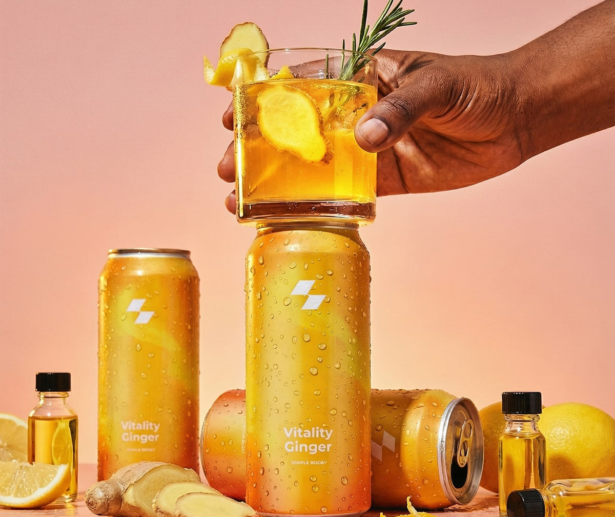 Hand holding a glass of ginger lemonade with cans and bottles labeled 'Vitality Ginger' on a pink background.