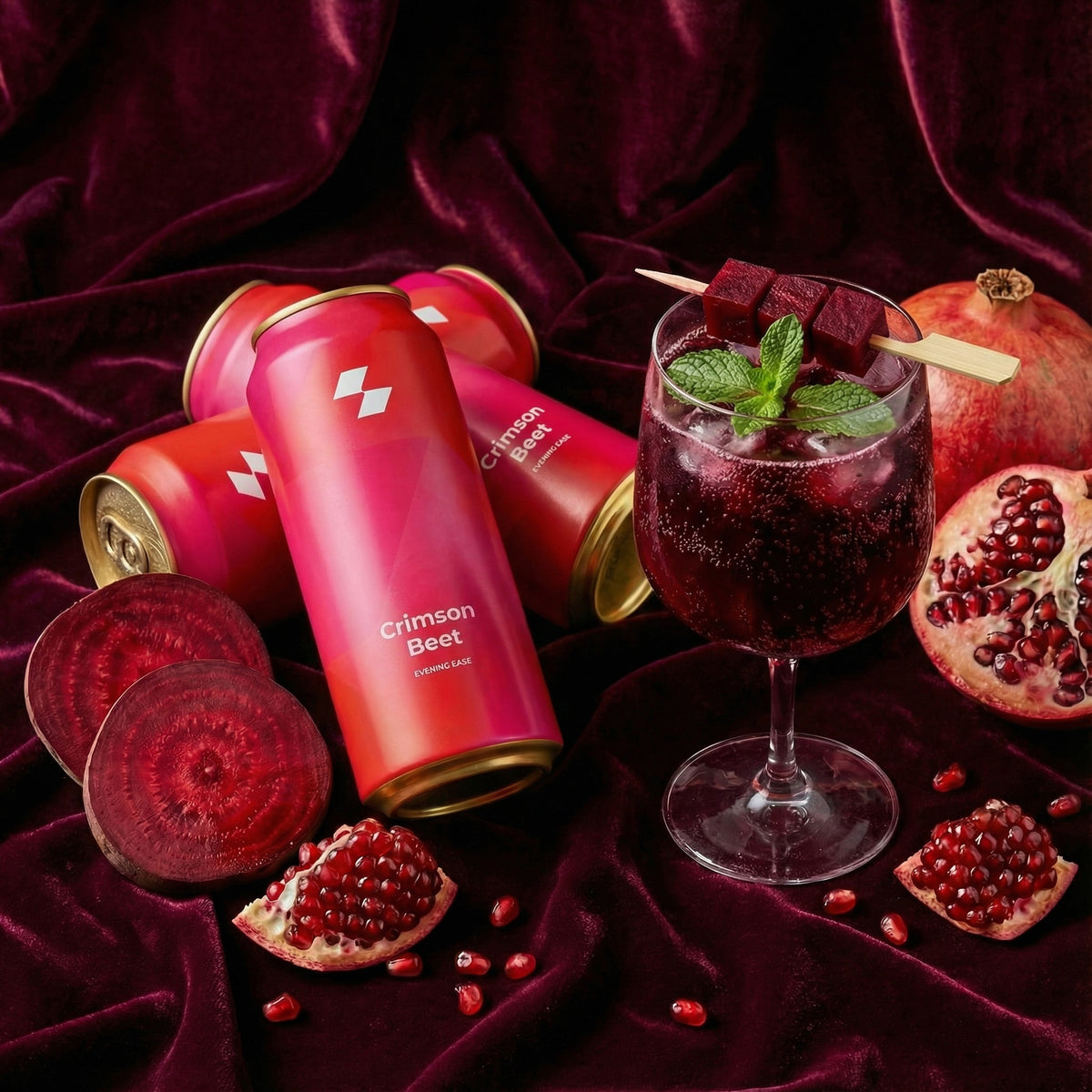 Crimson Beet cans with a glass of red beverage and pomegranate on a dark fabric background