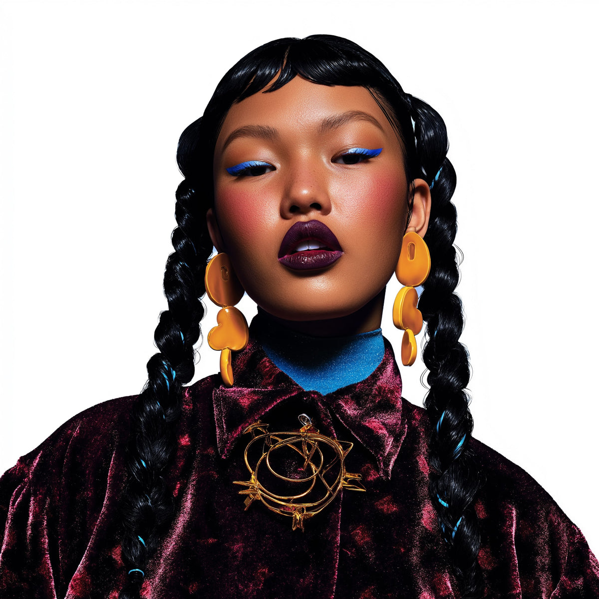 Person with braided hair, colorful makeup, and a red velvet outfit on a white background