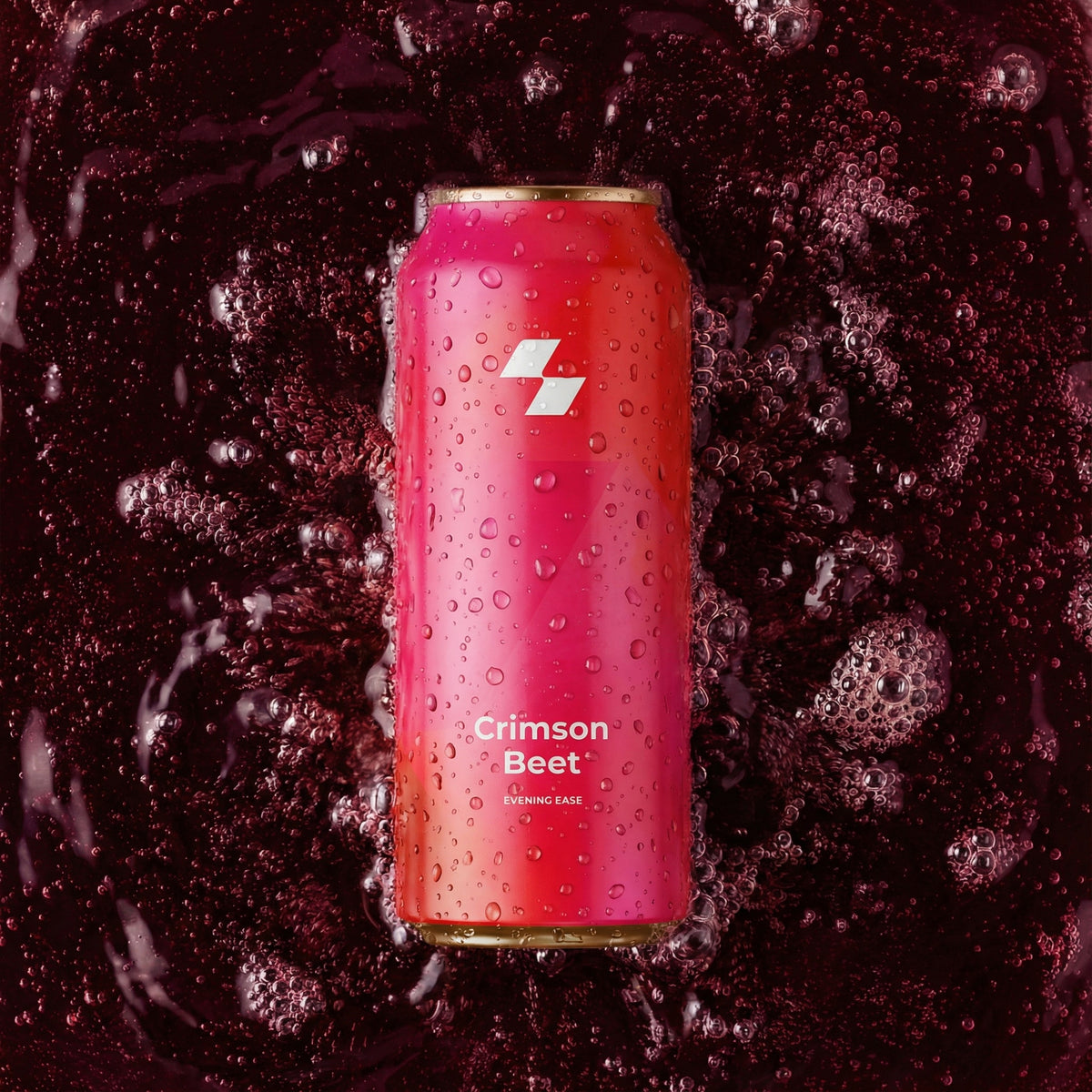 Red can labeled 'Crimson Beet' on a dark, bubbly background