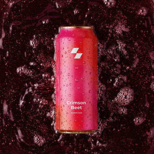 Red can labeled 'Crimson Beet' on a dark, bubbly background