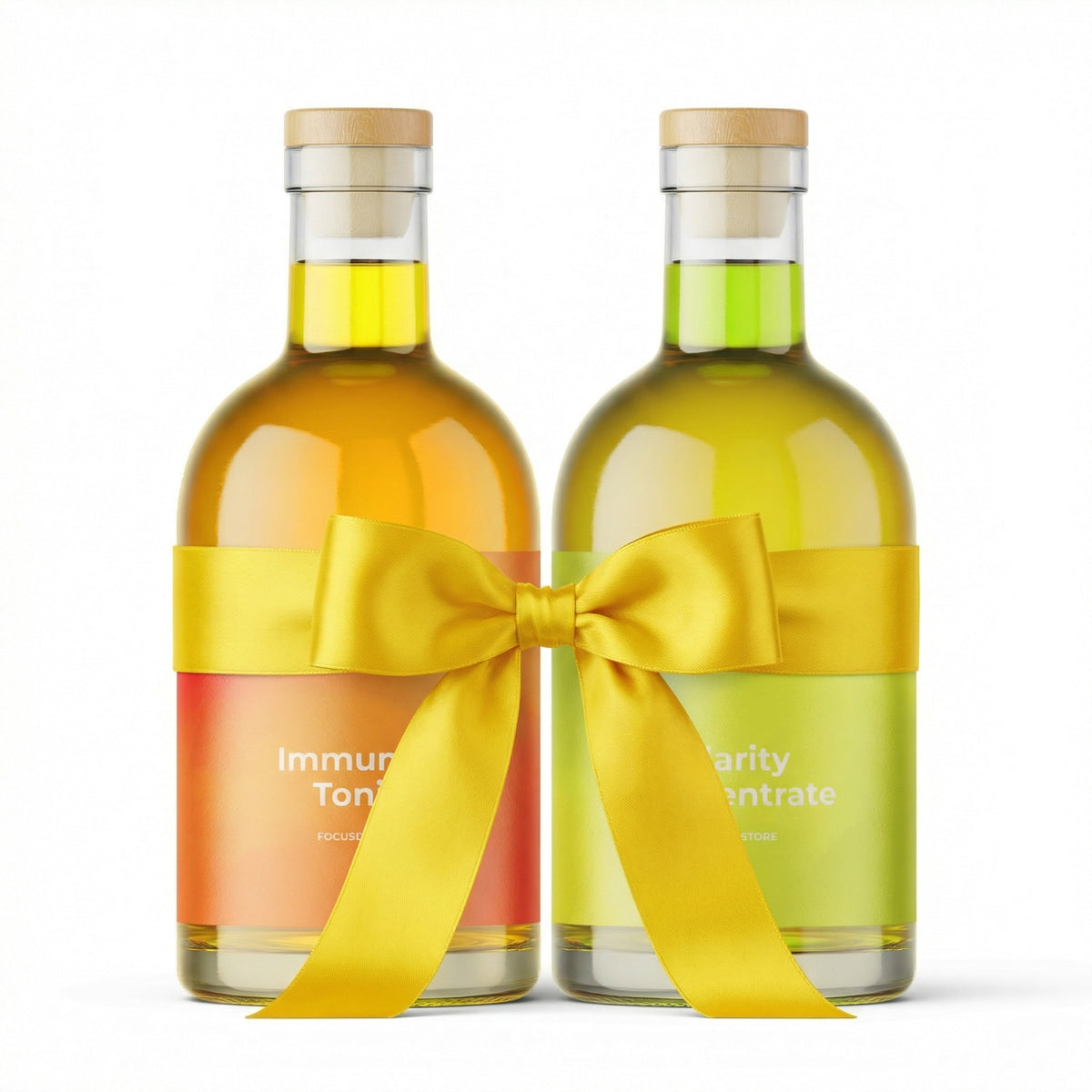 Two bottles of 'Immunity Tonic' and 'Vitality Concentrate' with yellow ribbons on a white background (2-Bottle Set)