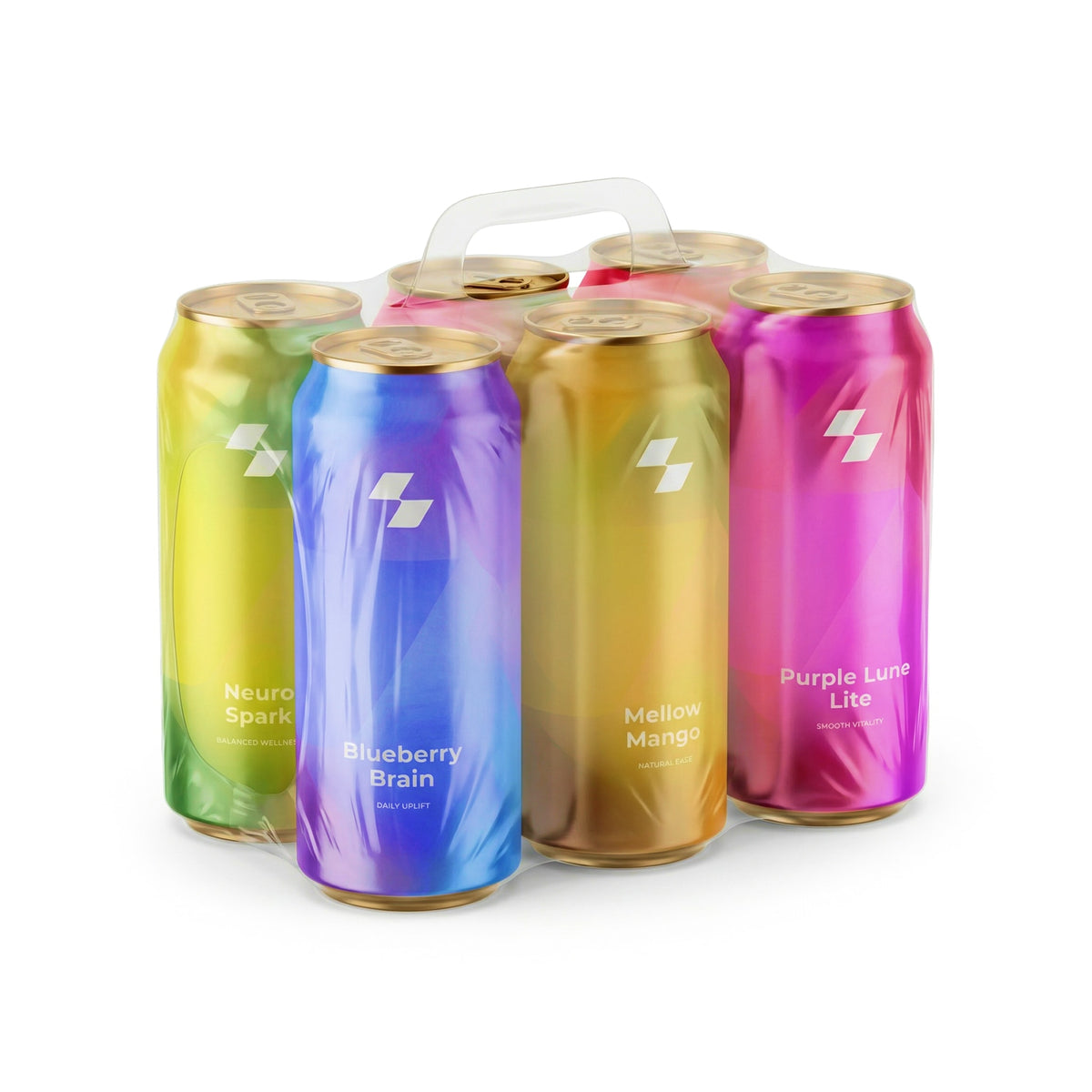 Set of colorful beverage cans with gradient designs on a white background (6-Pack)