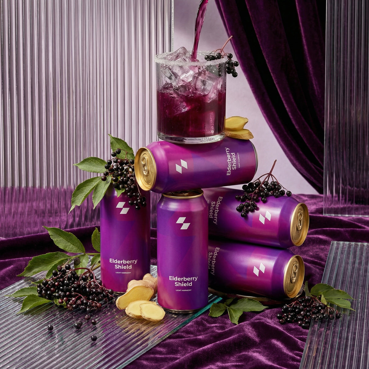 Purple cans of Elderberry Shield with a glass of purple liquid being poured on a purple surface.