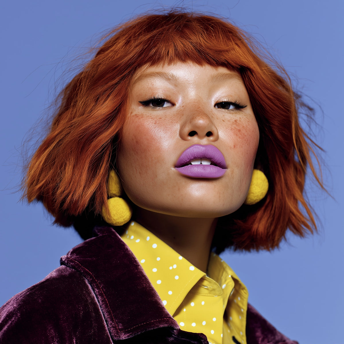 Person with red hair, purple lipstick, and yellow earrings against a blue background