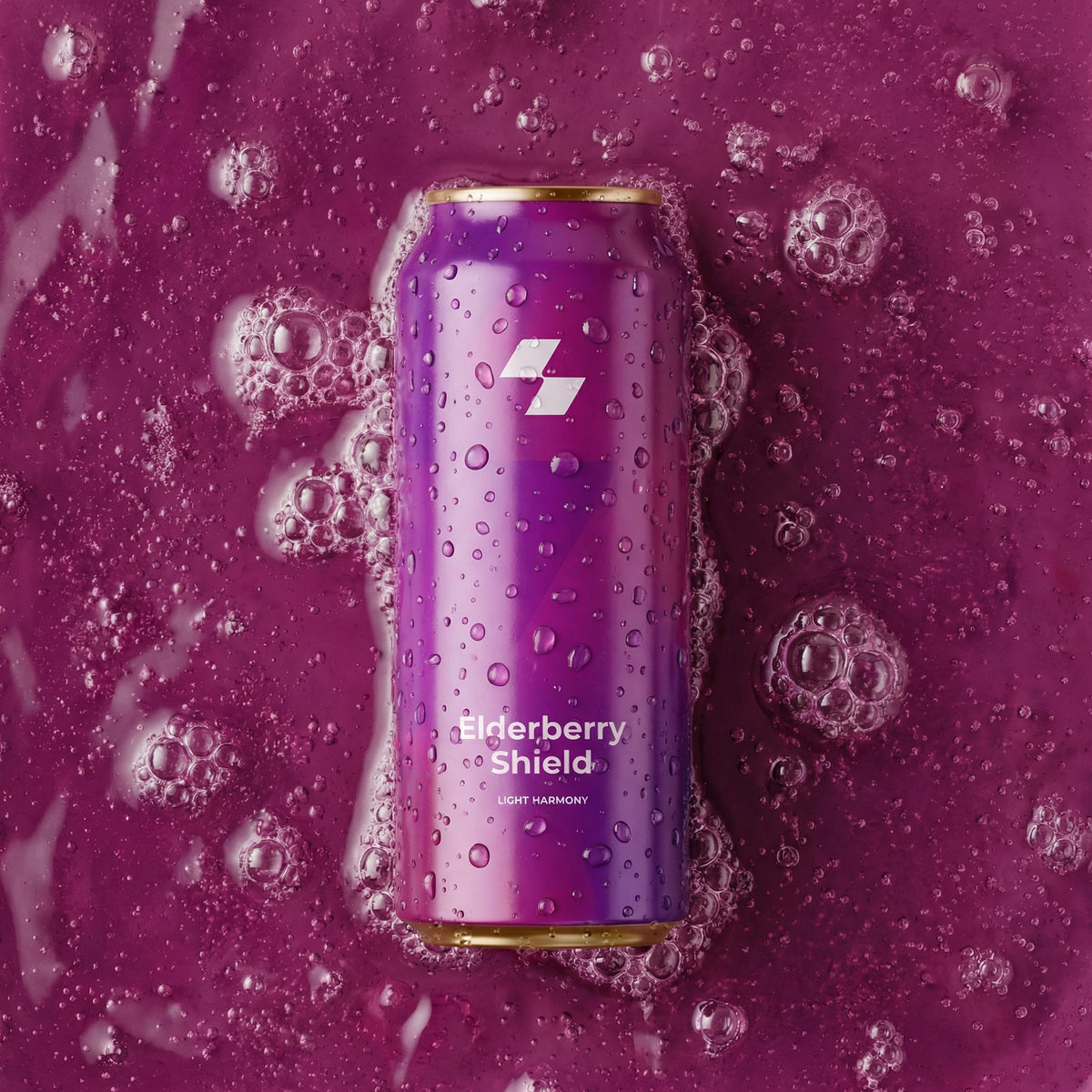Purple can with 'Elderberry Shield' text on a purple background with bubbles