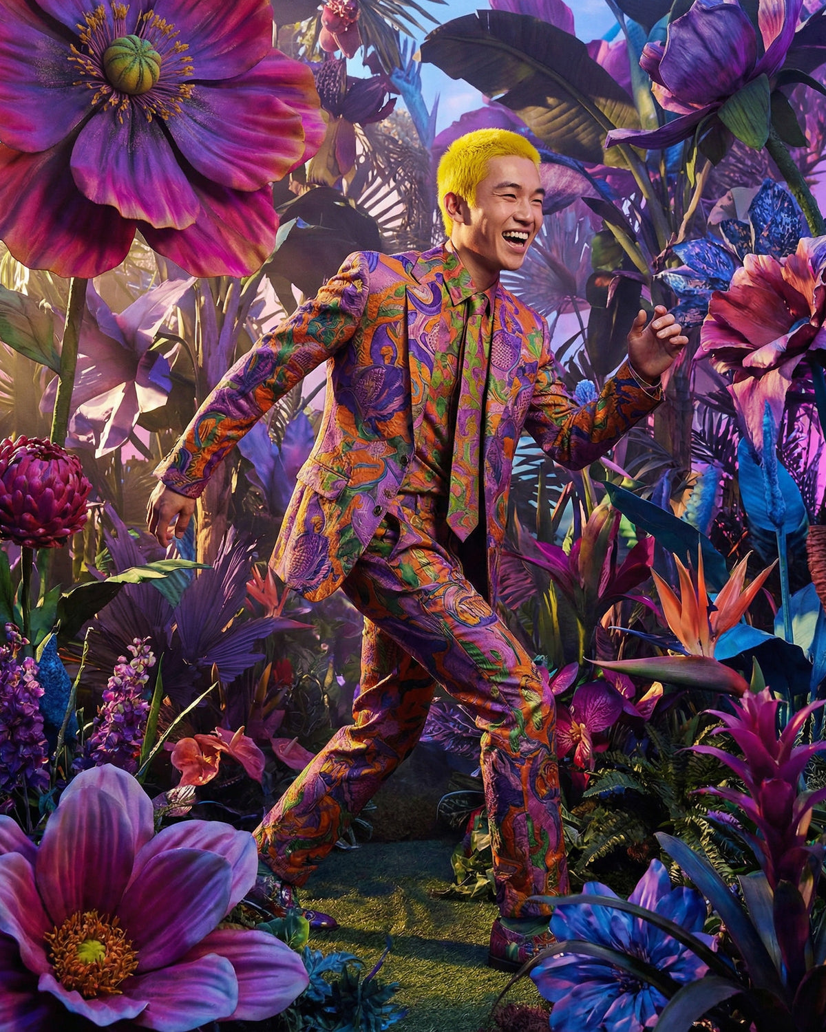 Person in a colorful suit standing amidst vibrant flowers and plants
