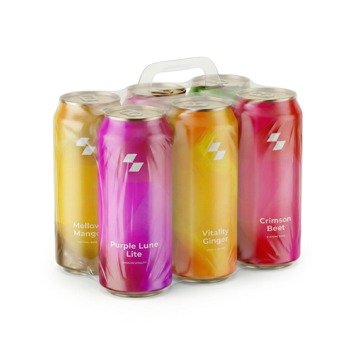 Six colorful cans of a beverage brand arranged in a circle on a white background. (6-Pack)