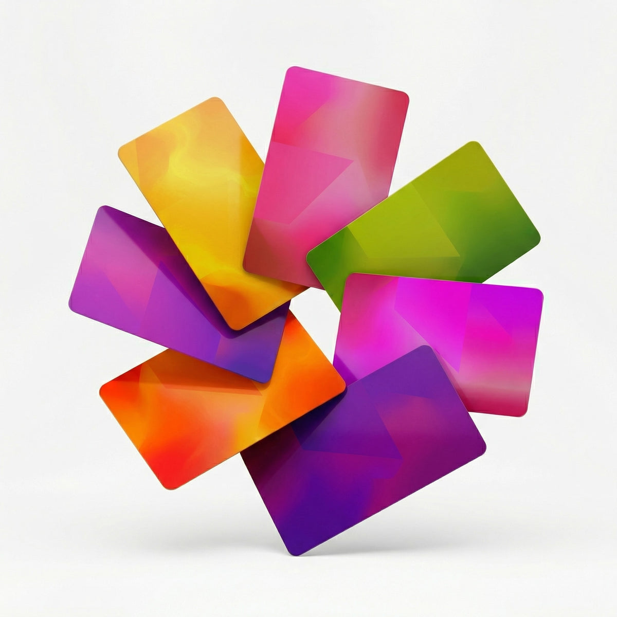 Colorful geometric cards arranged in a fan-like pattern on a white background