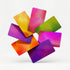 Colorful geometric cards arranged in a fan-like pattern on a white background